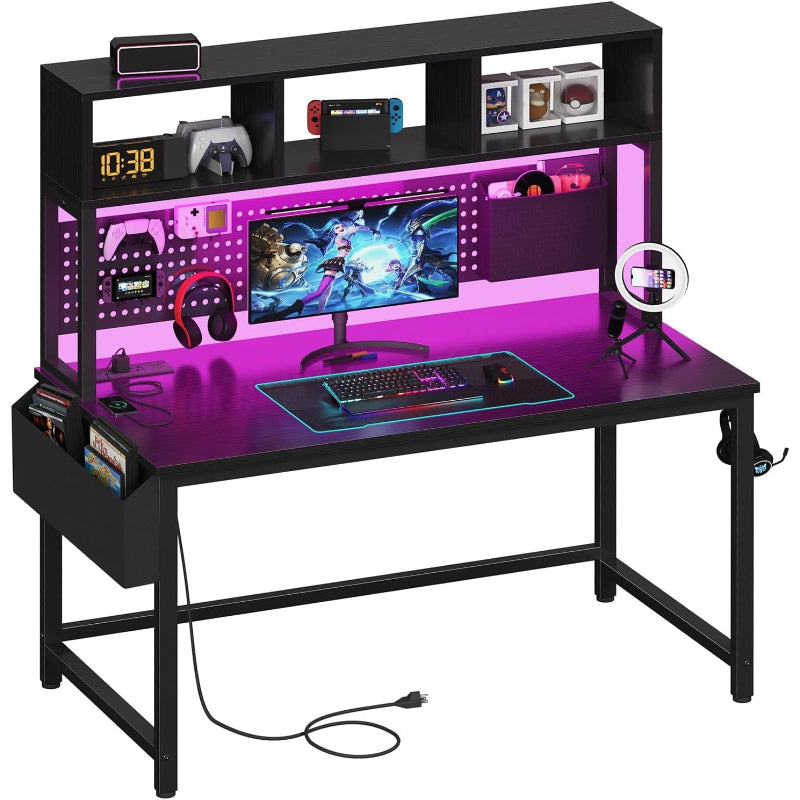 47" Black Gaming Desk with Hutch & Pegboard