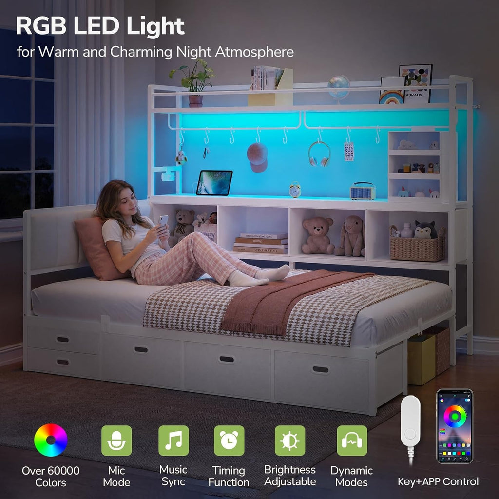 White L-Shaped Twin Bed Frame with 5 Drawers