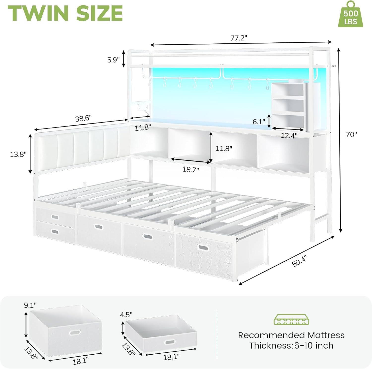 White L-Shaped Twin Bed Frame with 5 Drawers
