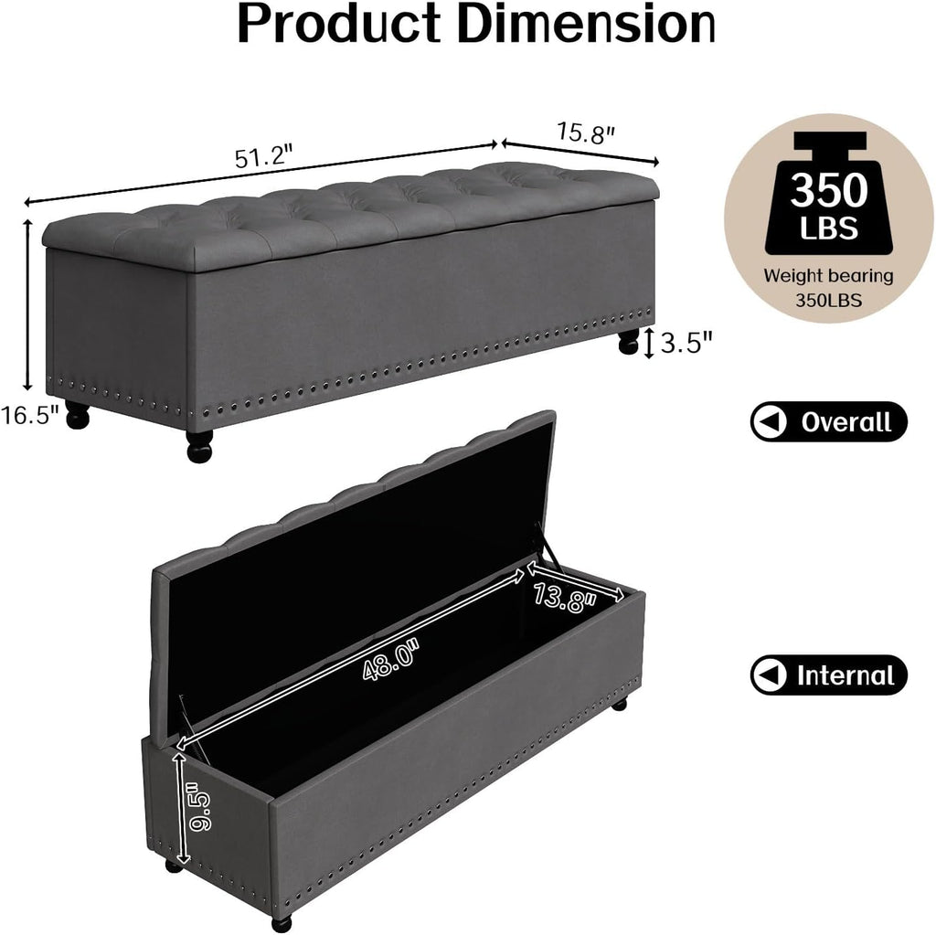 51" Grey Storage Ottoman Bench Wooden Legs