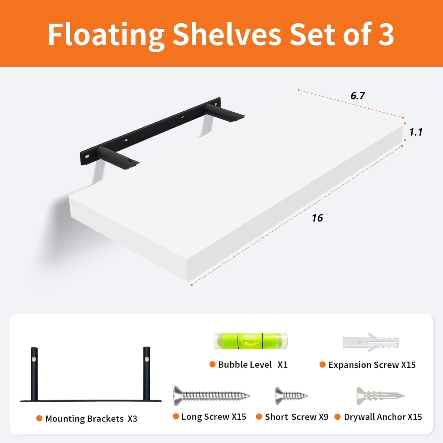16" White Floating Shelves Set of 3