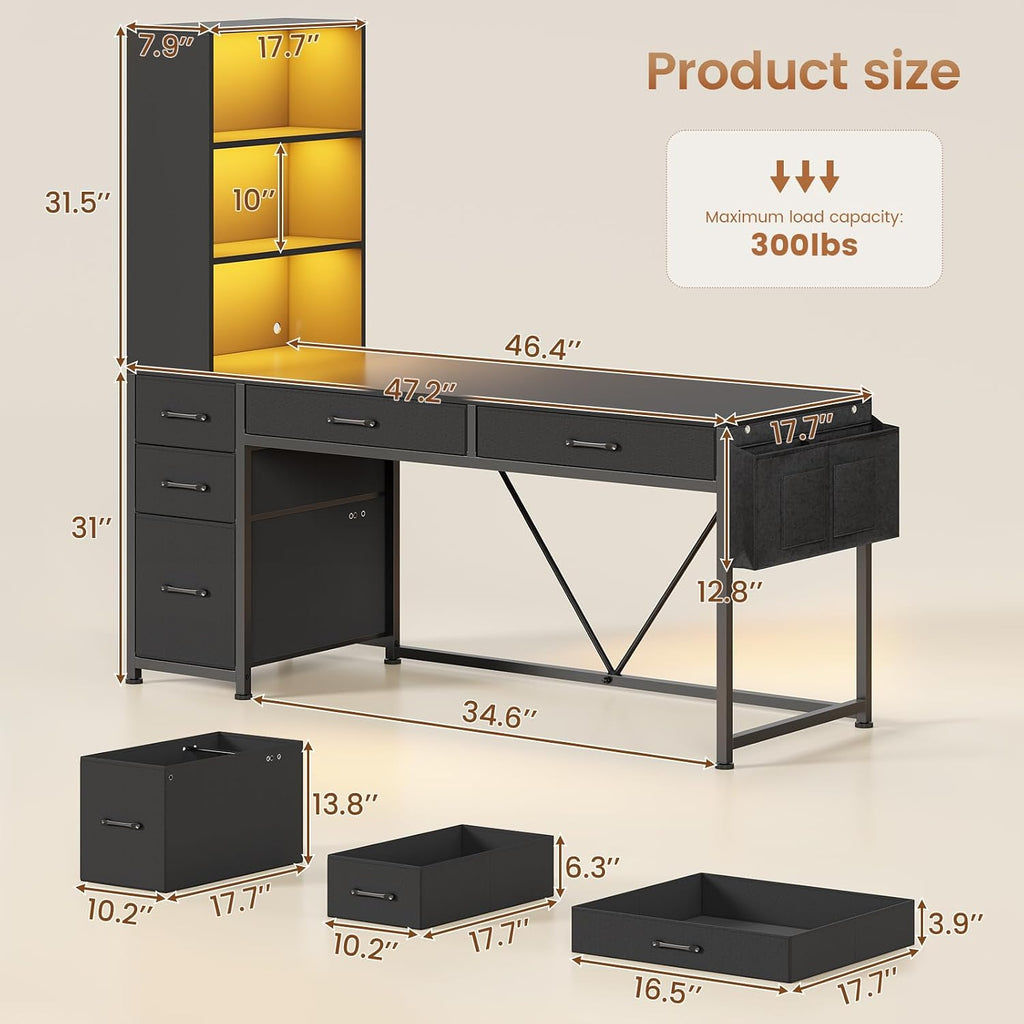 Black Reversible Gaming Desk with 5 Drawers