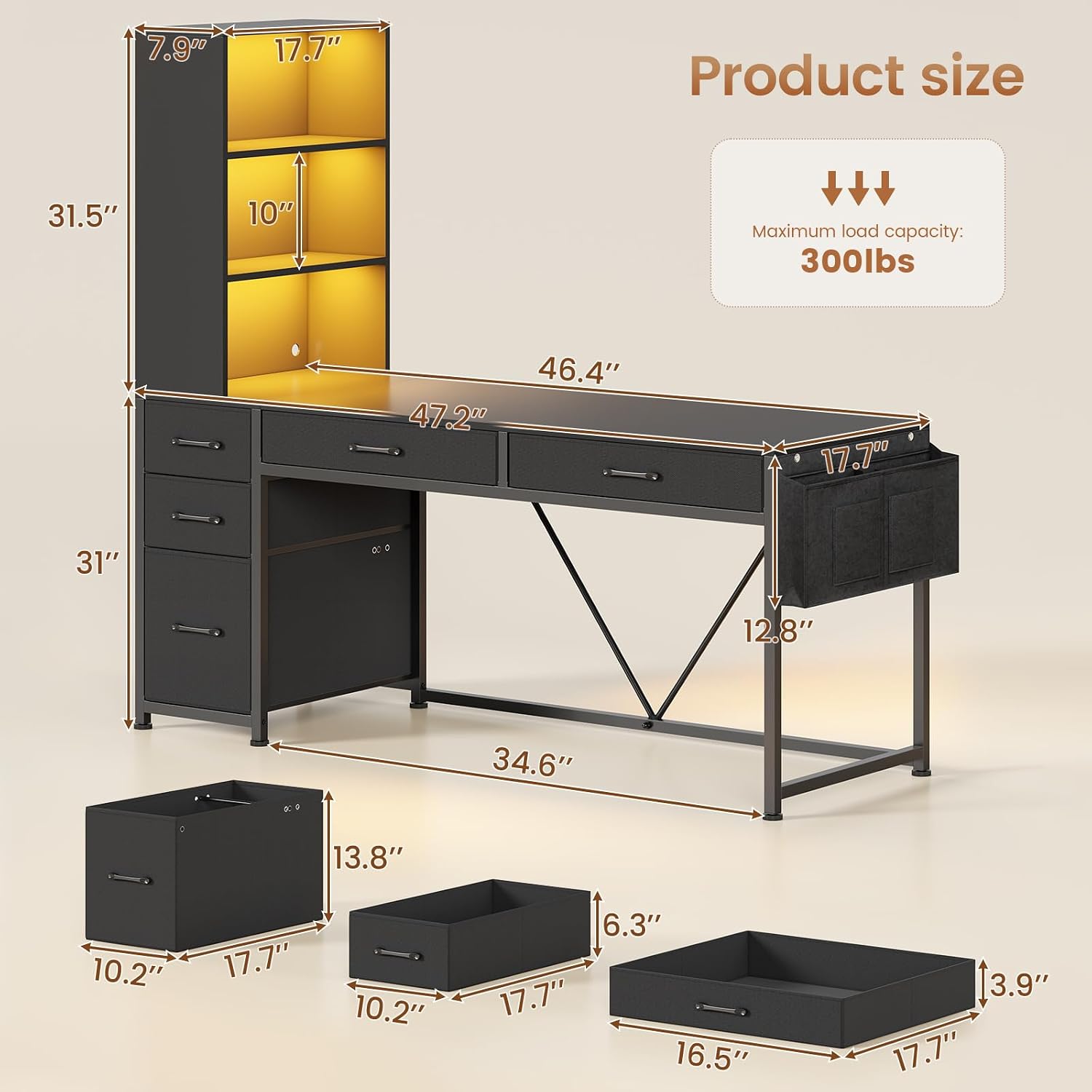 Black Reversible Gaming Desk with 5 Drawers