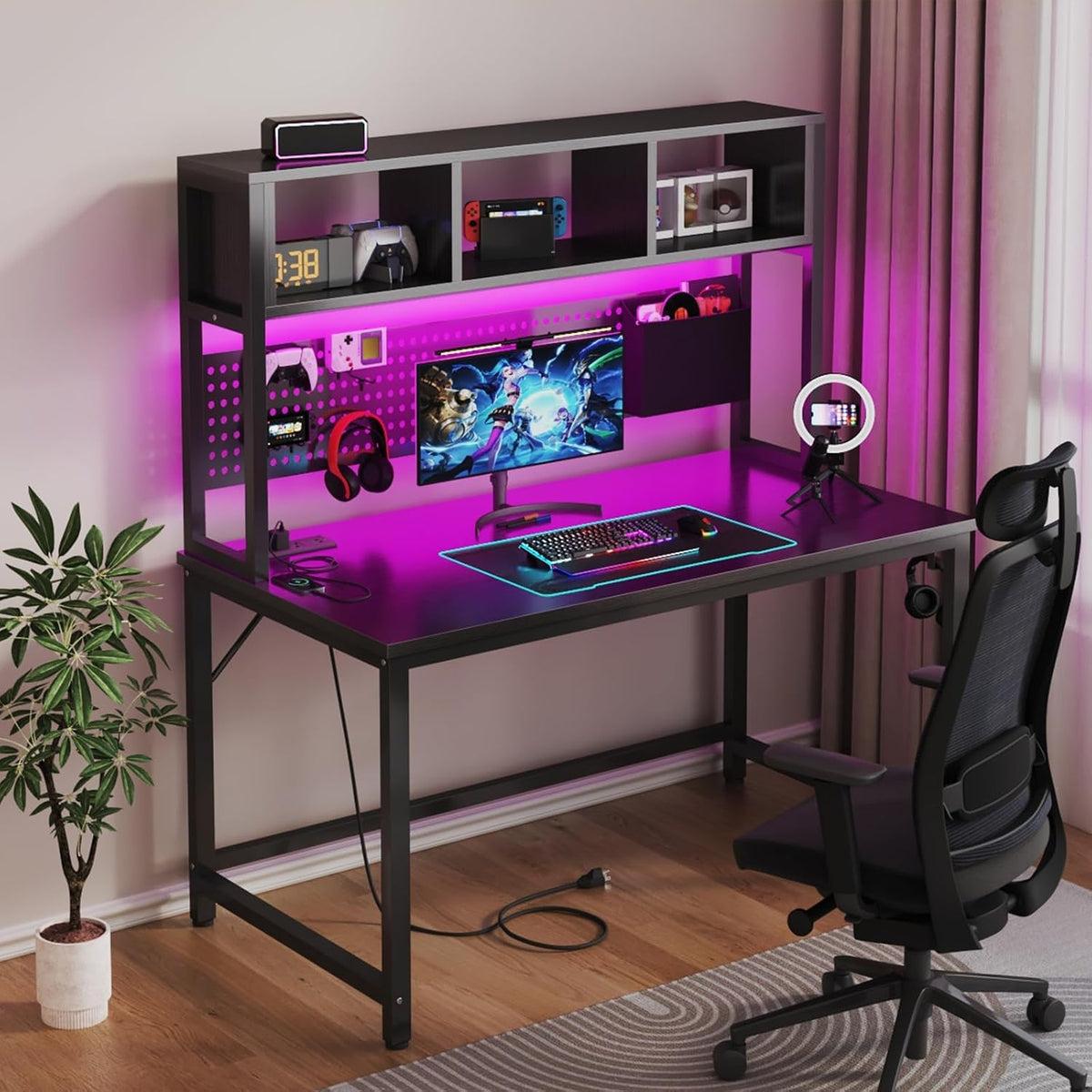 47" Black Gaming Desk with Hutch & Pegboard
