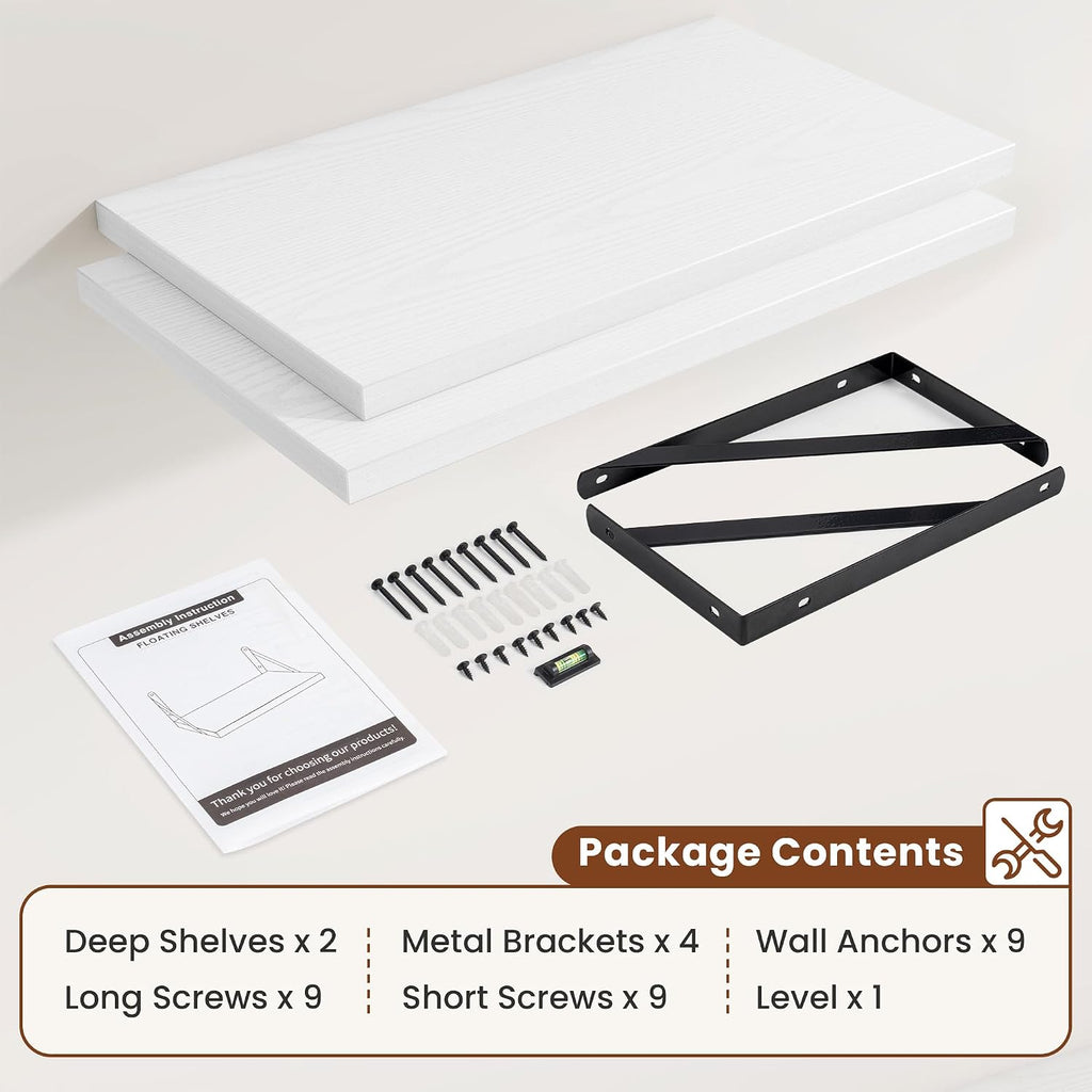 24" White Deep Floating Shelves Set of 2