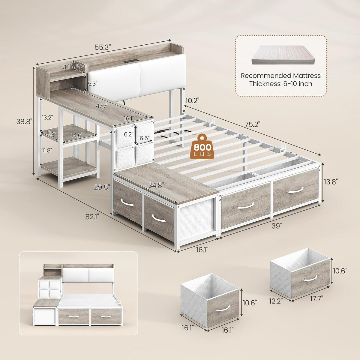 Twin Corner Bed with Desk & 4 Drawers