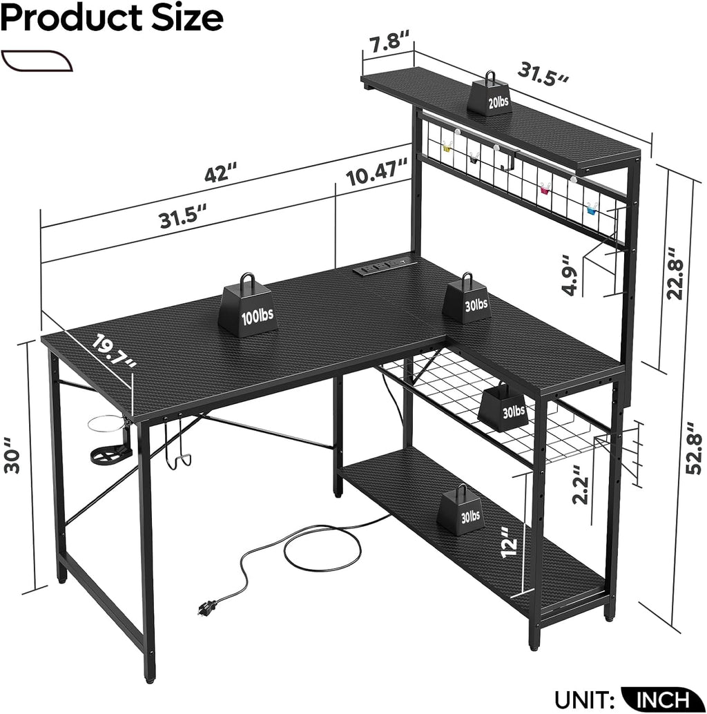42" Black L-Shaped Gaming Desk