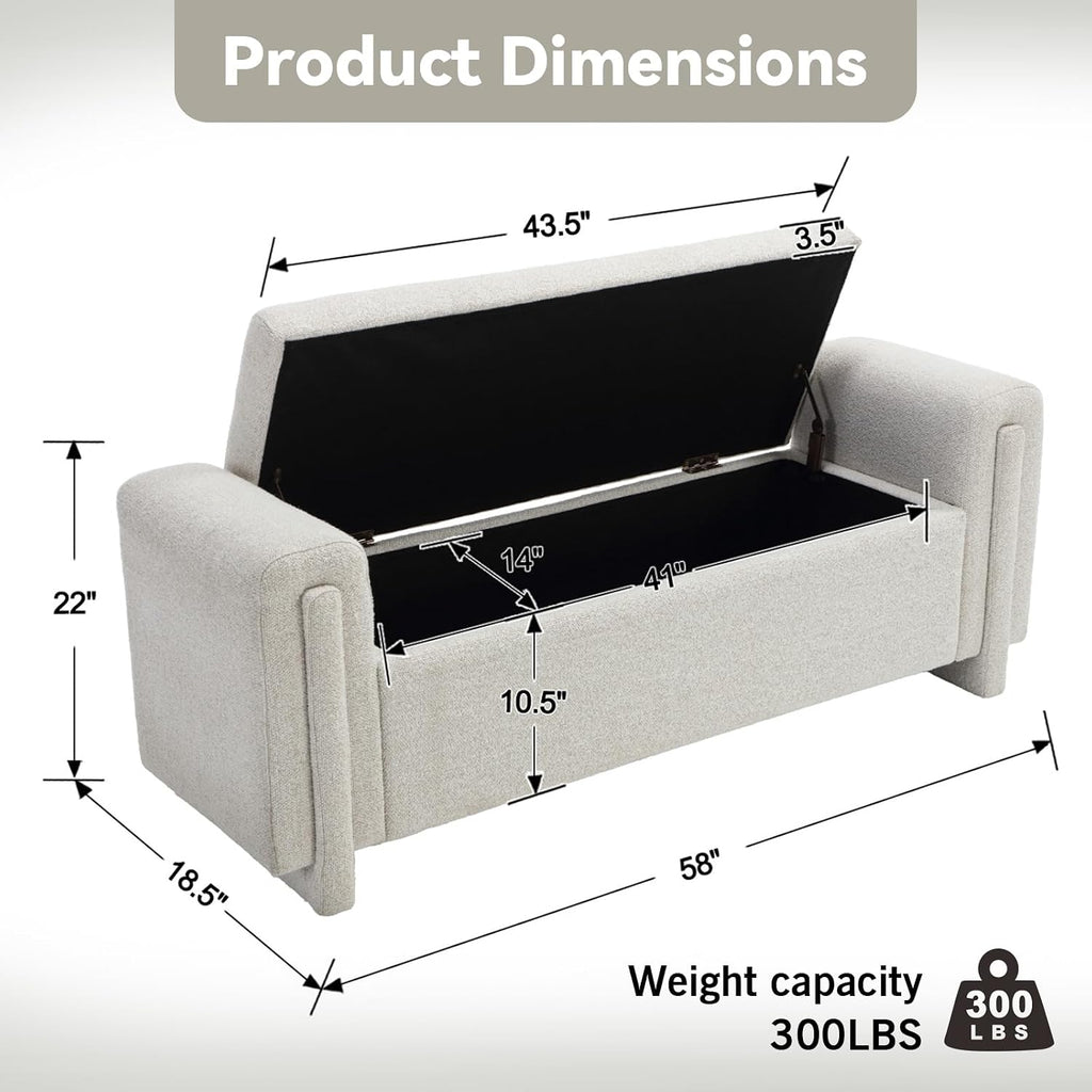 58" Boucle Storage Ottoman Bench