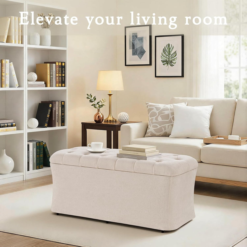 39.8" Beige Storage Ottoman Bench