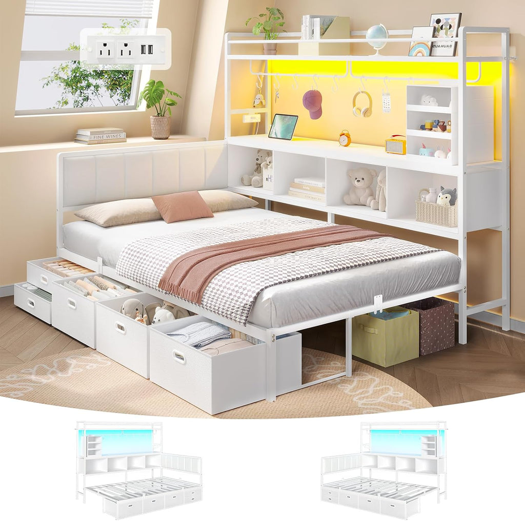 White L-Shaped Twin Bed Frame with 5 Drawers