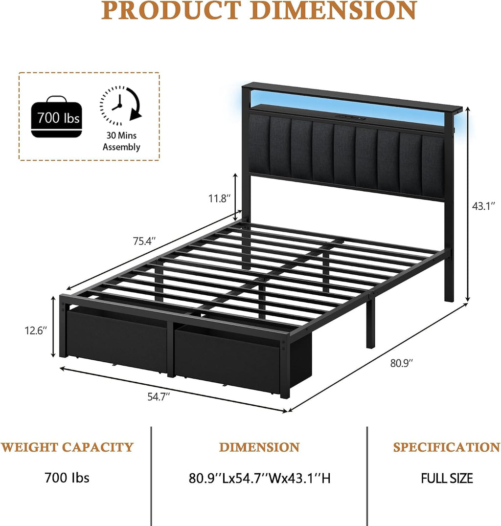 Full Bed Frame with Drawers & Headboard