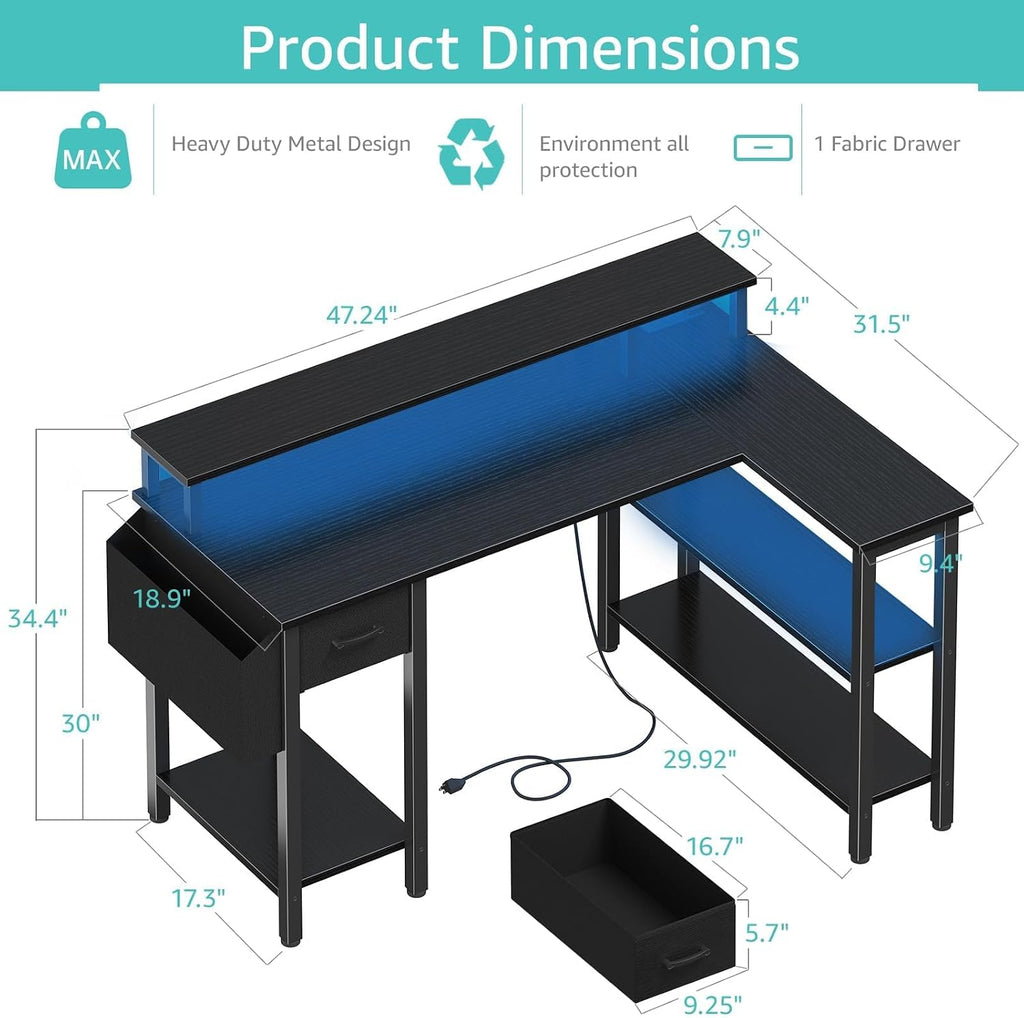 47" Black L-Shaped Gaming Desk