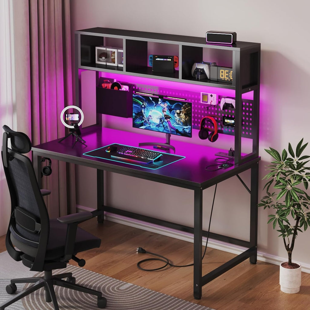 47" Black Gaming Desk with Hutch & Pegboard