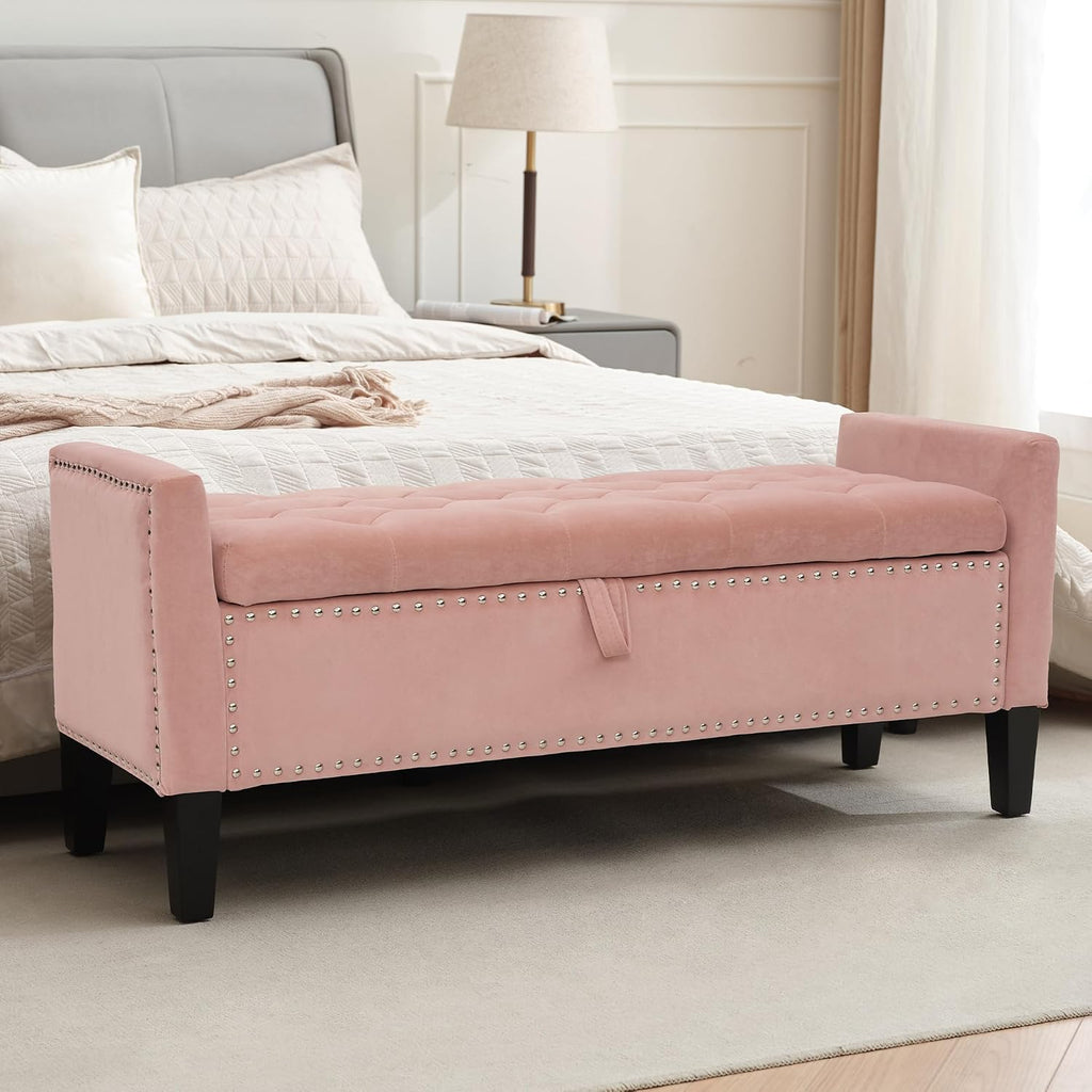 46" Pink Tufted Velvet Storage Ottoman Bench