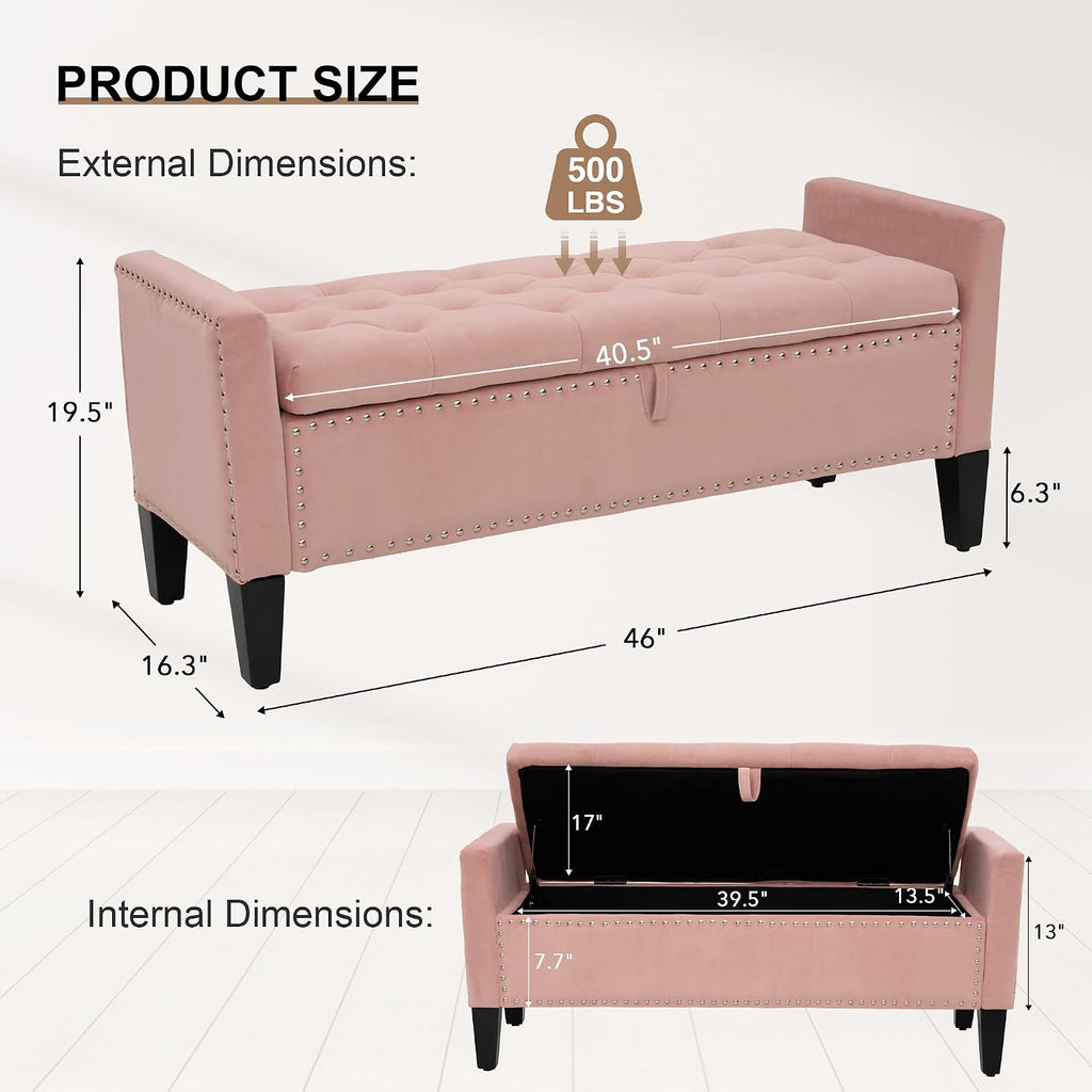 46" Pink Tufted Velvet Storage Ottoman Bench