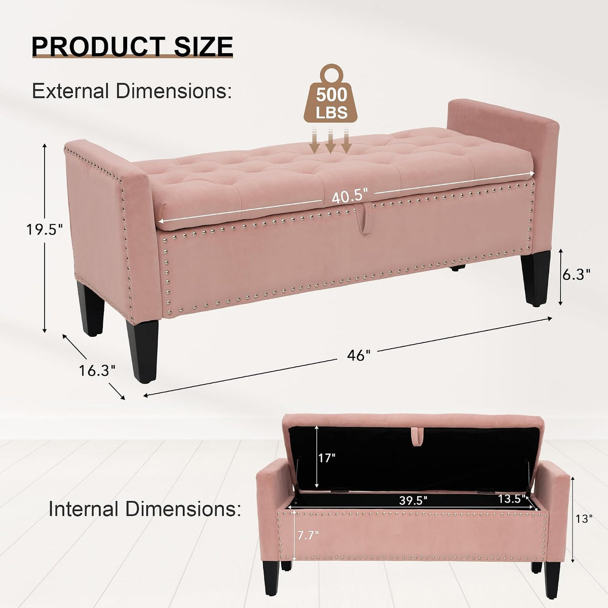 46" Pink Tufted Velvet Storage Ottoman Bench