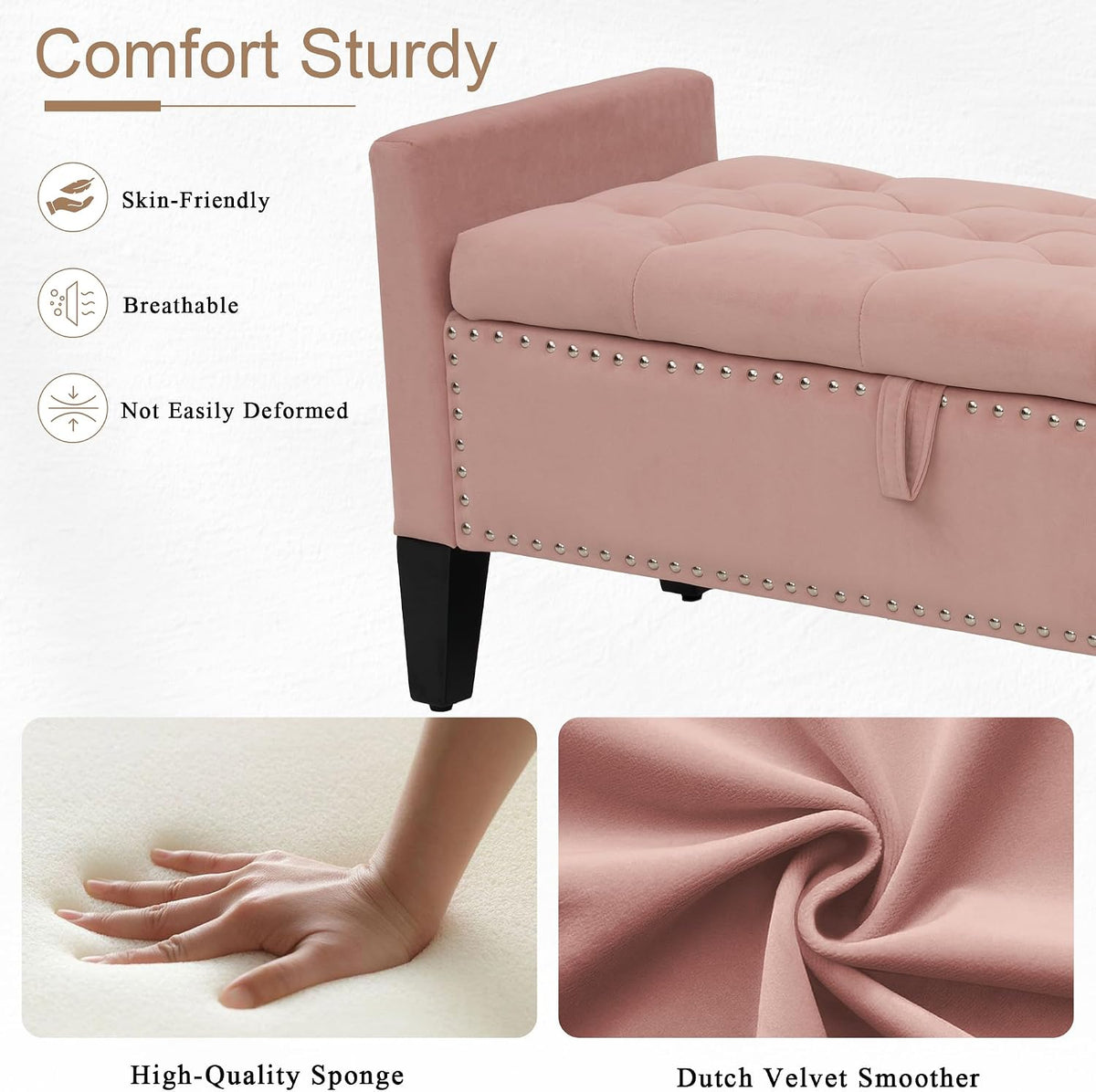 46" Pink Tufted Velvet Storage Ottoman Bench