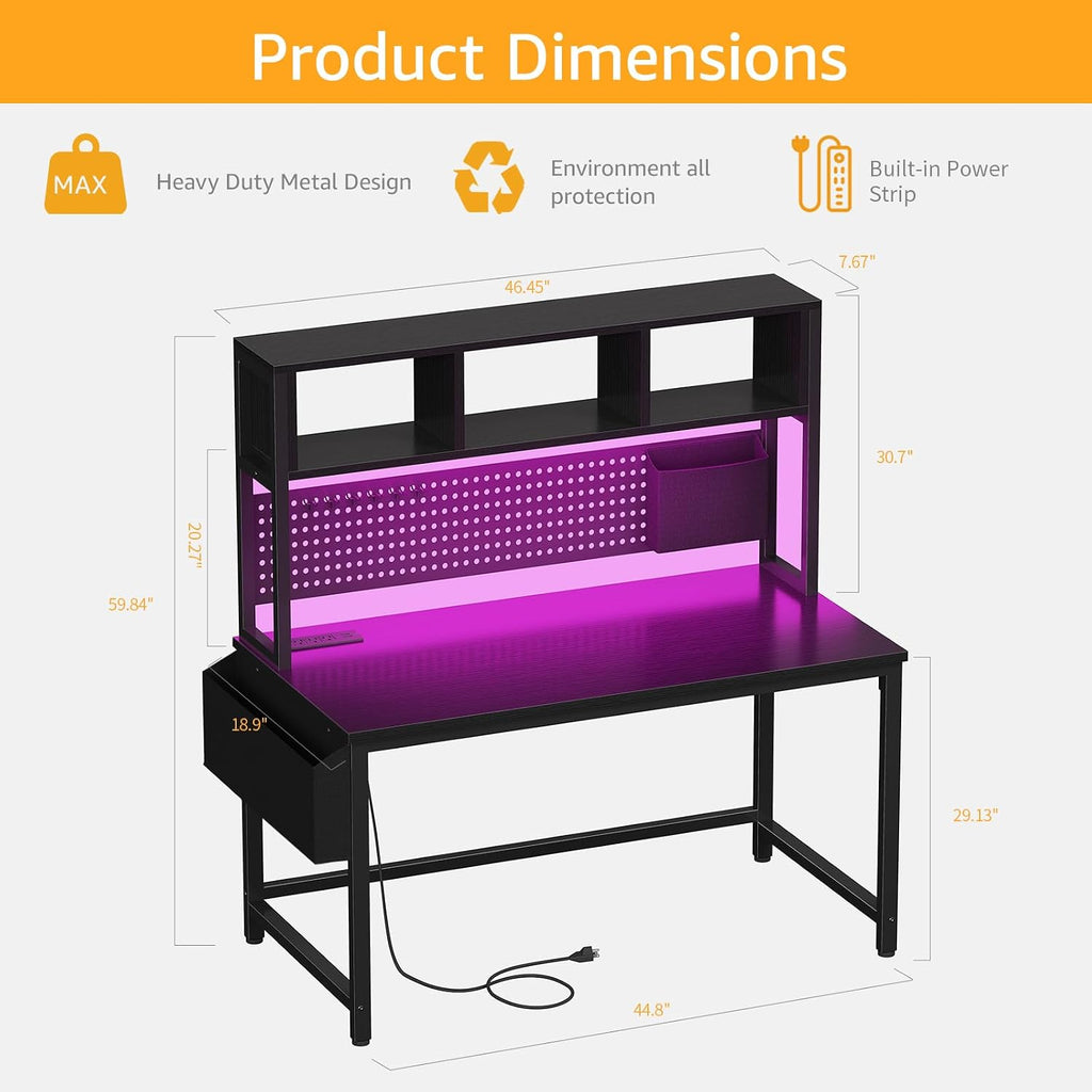 47" Black Gaming Desk with Hutch & Pegboard