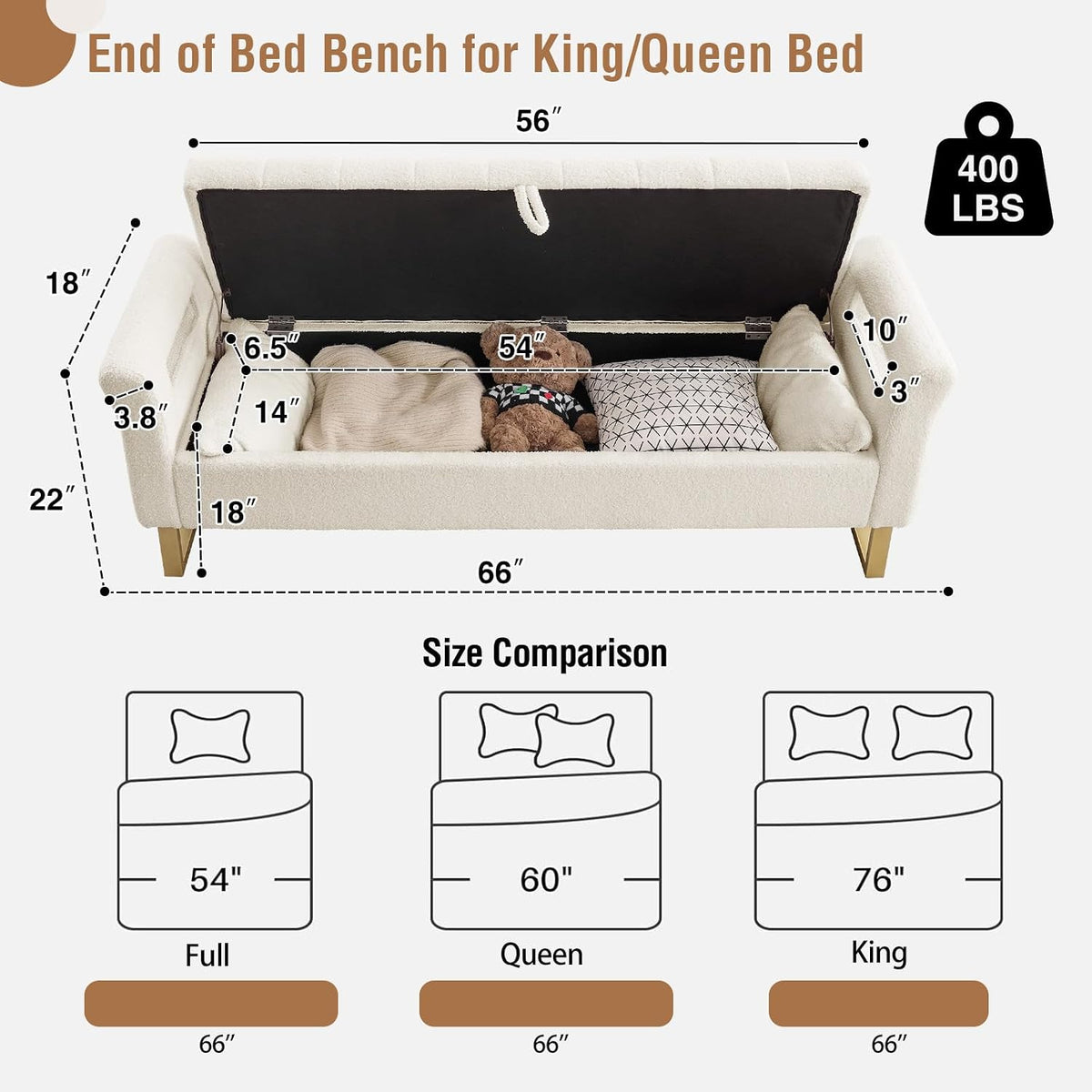 66" King Size Storage Ottoman Bench