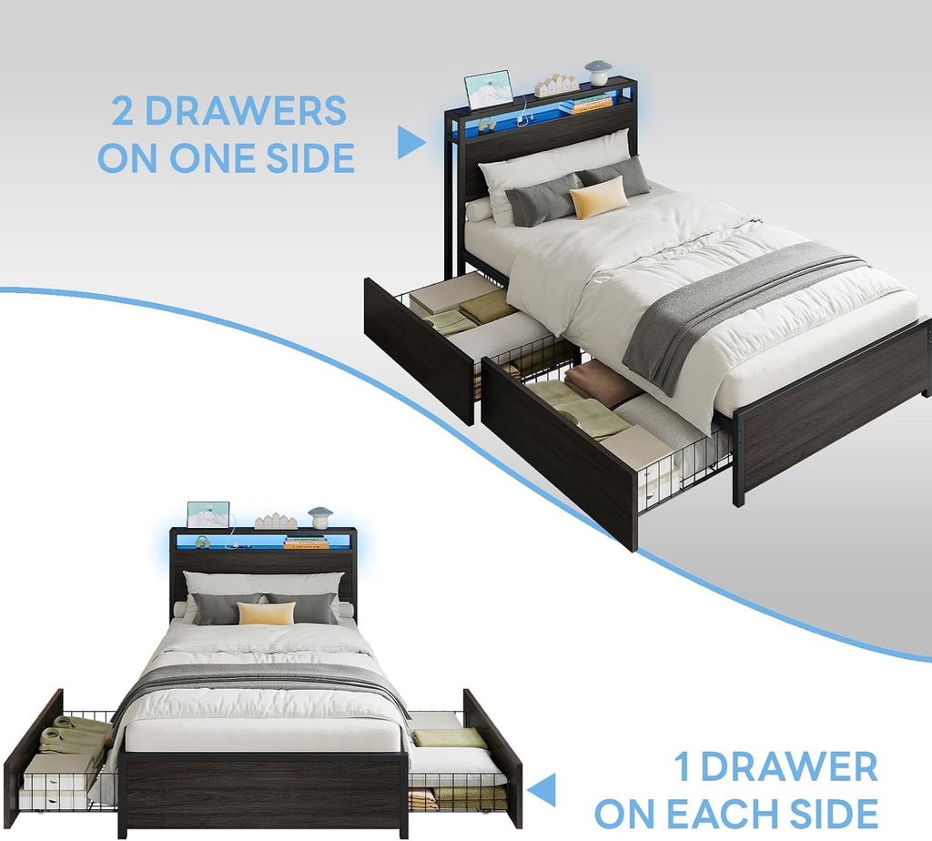 Twin XL Bed Frame with Drawers & LED