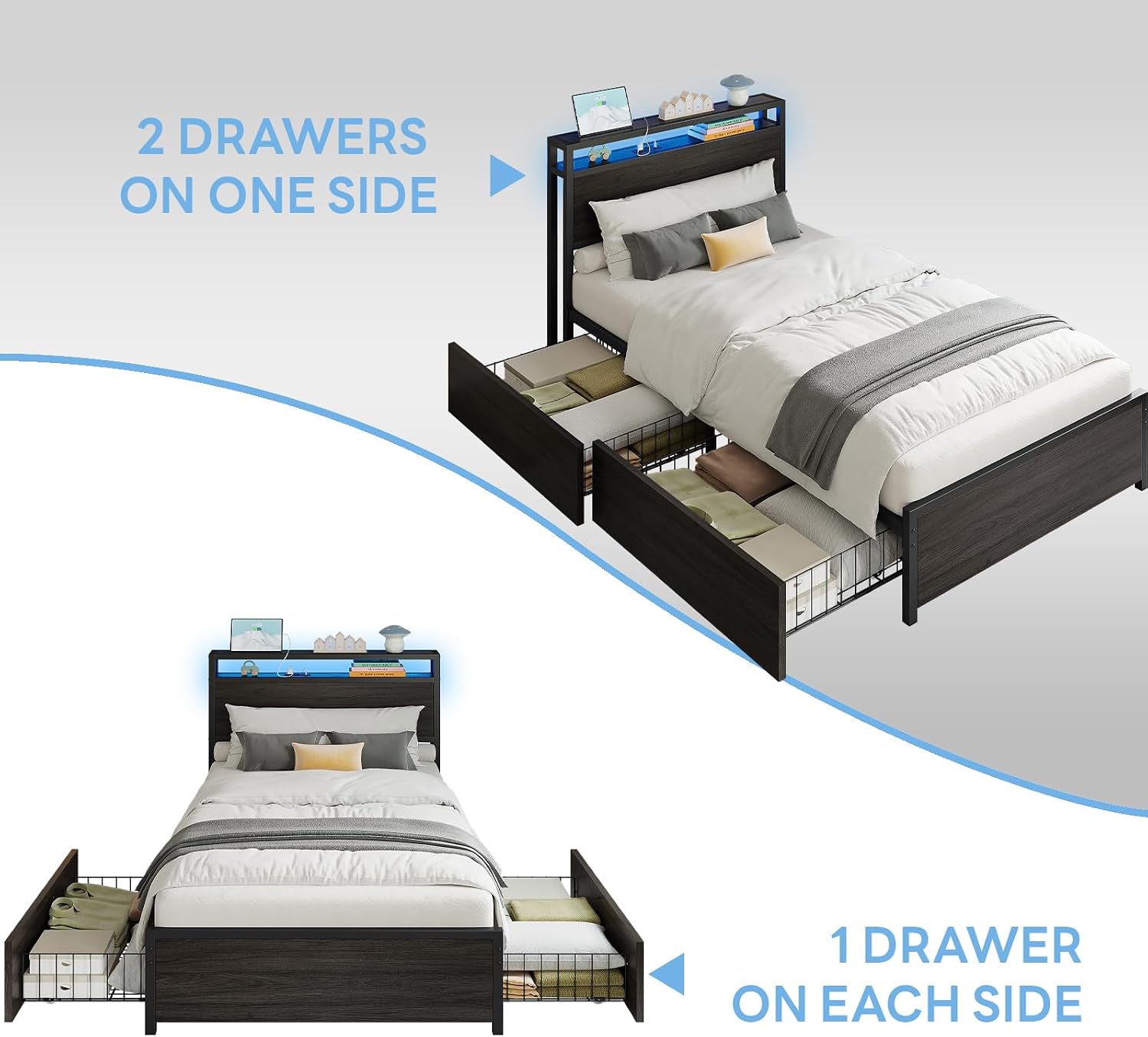 Twin XL Bed Frame with Drawers & LED