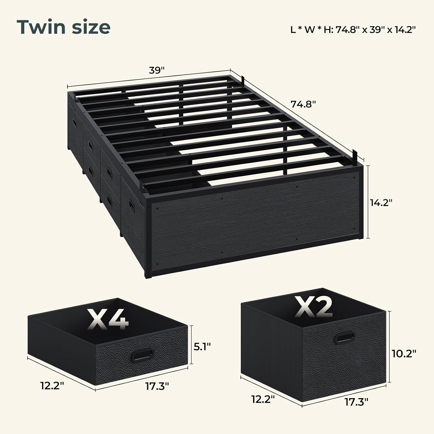 Twin Bed Frame with 6 Drawers