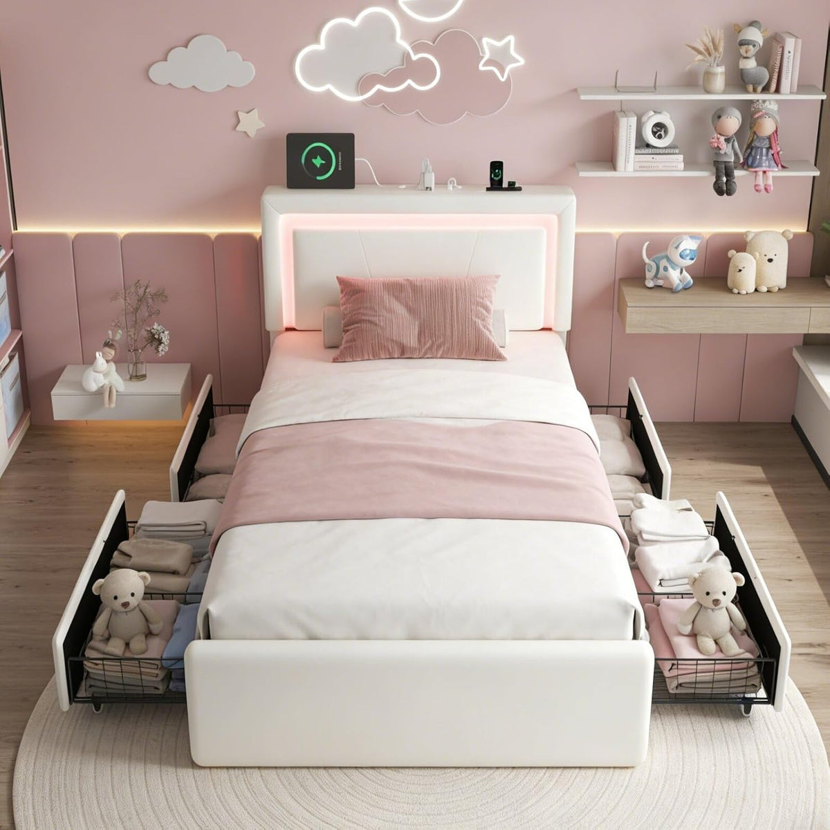 White Twin Bed Frame with 4 Drawers