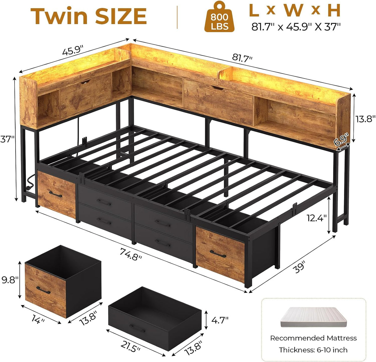 Vintage Brown Twin Daybed with 6 Drawers