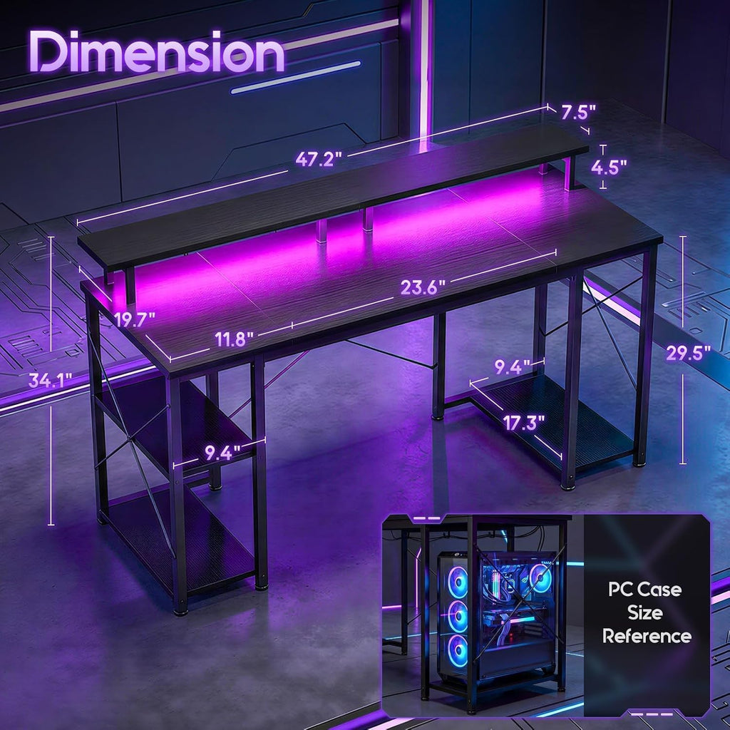 48" Black Gaming Desk with LED & Storage