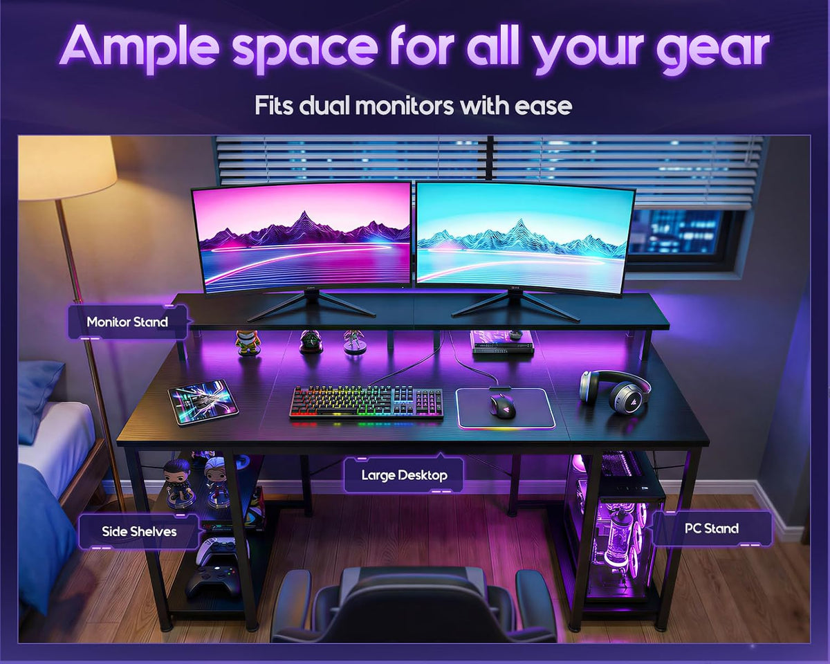 48" Black Gaming Desk with LED & Storage