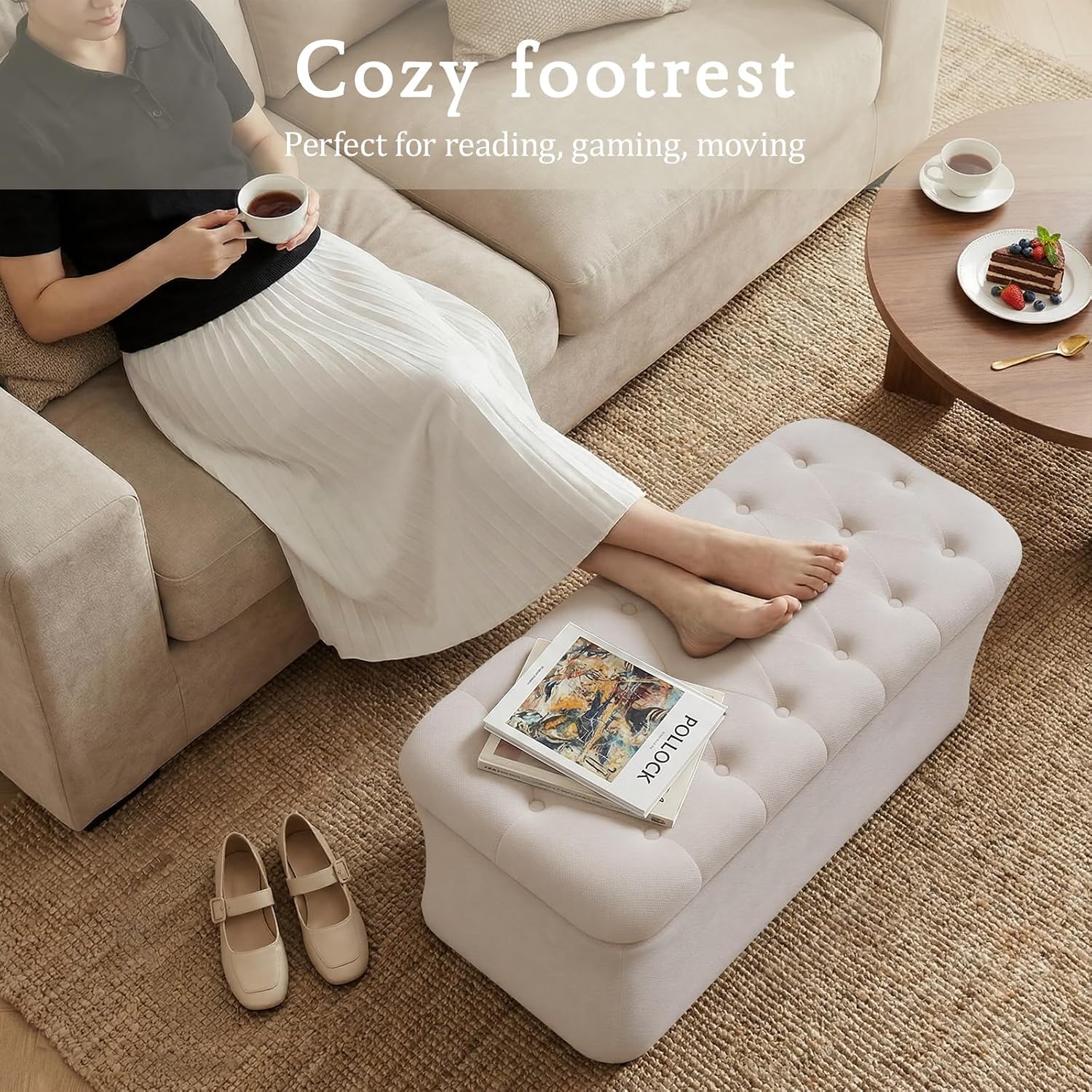39.8" Beige Storage Ottoman Bench