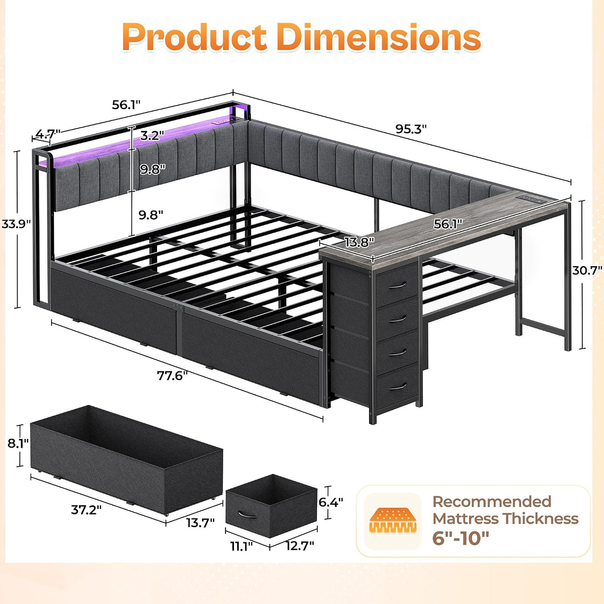Full Corner Bed Frame with Desk & LED