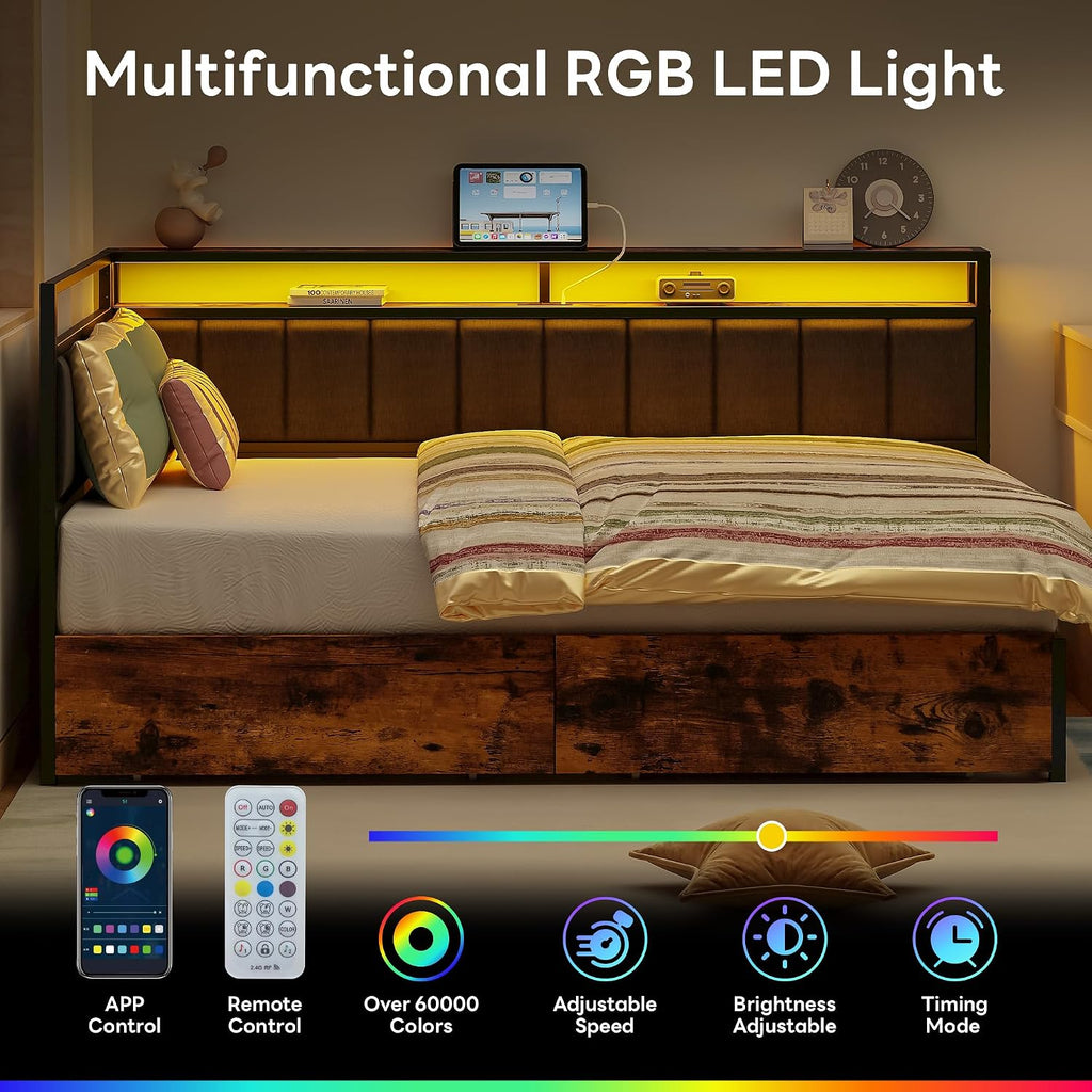 Black Twin Corner Bed Frame with Drawers & LED