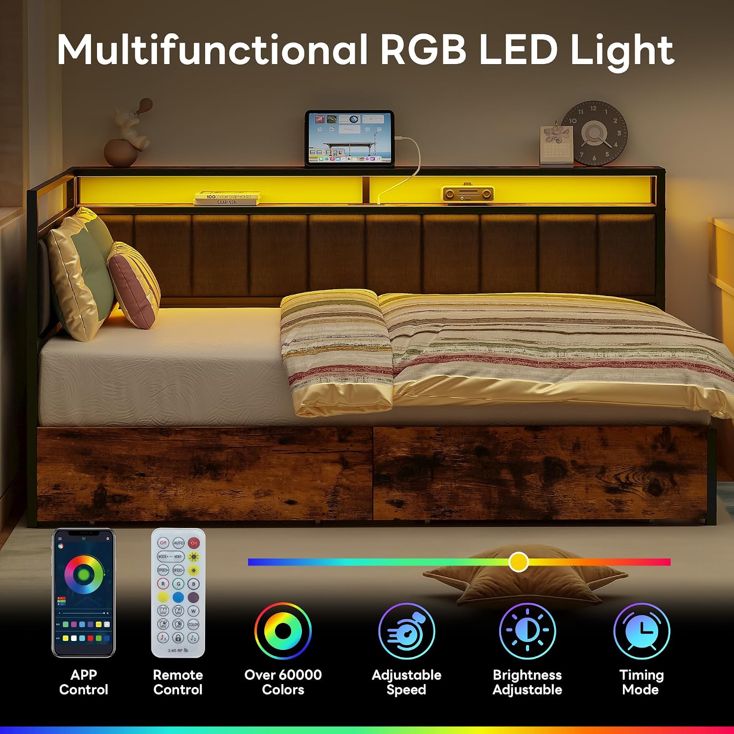 Black Twin Corner Bed Frame with Drawers & LED