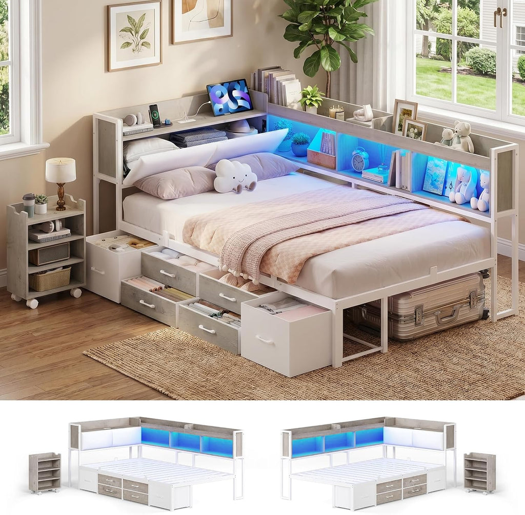 Grey Twin Corner Daybed with Bookcase & 6 Drawers