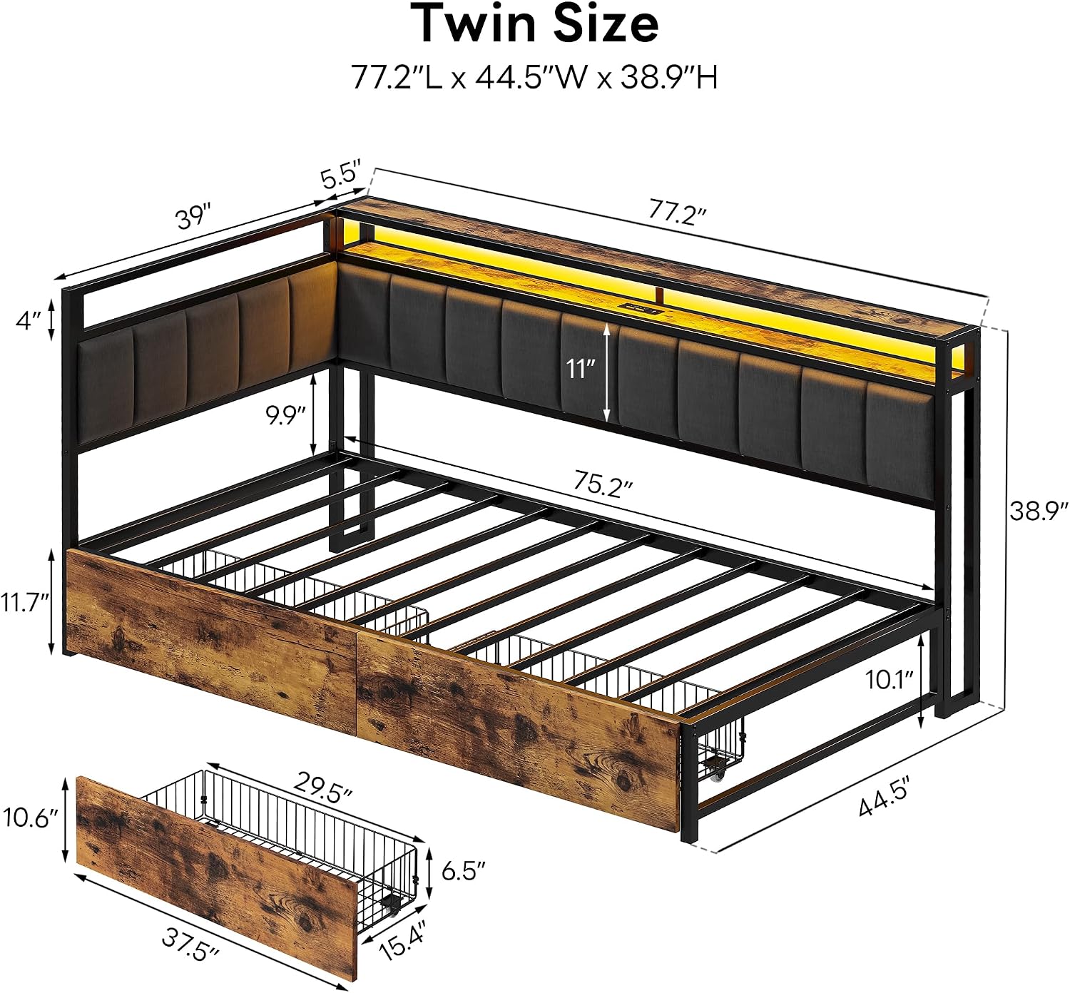 Black Twin Corner Bed Frame with Drawers & LED