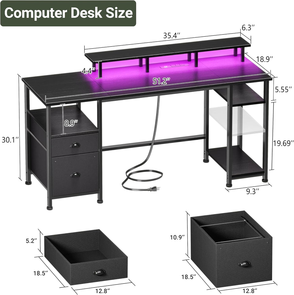 51" Black Gaming Desk with Outlets & LED