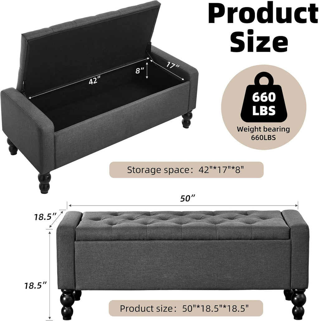50" Tufted Storage Ottoman Bench Dark Gray