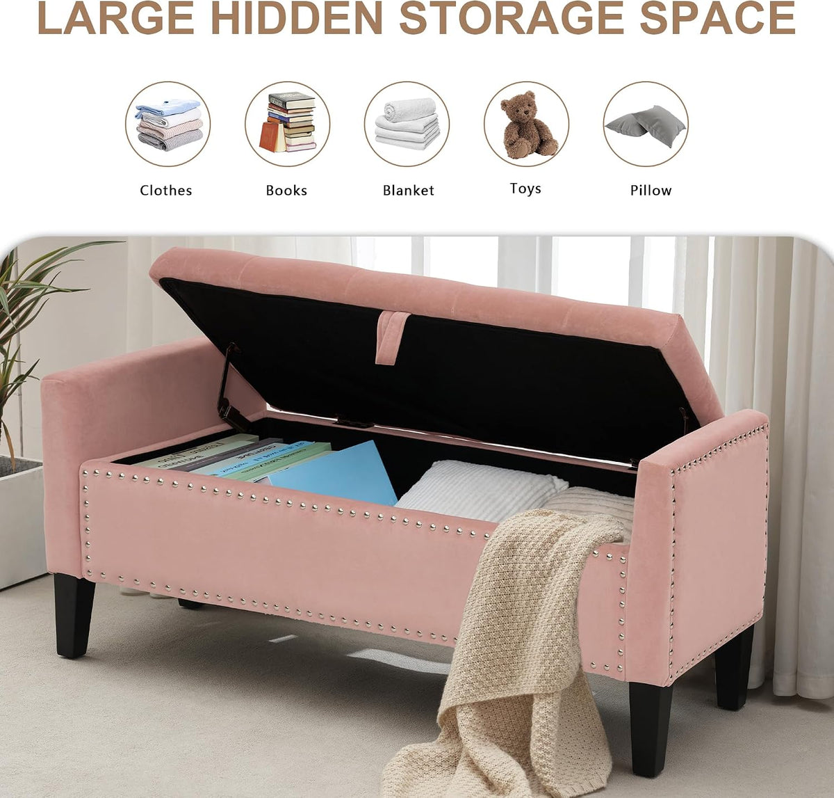 46" Pink Tufted Velvet Storage Ottoman Bench
