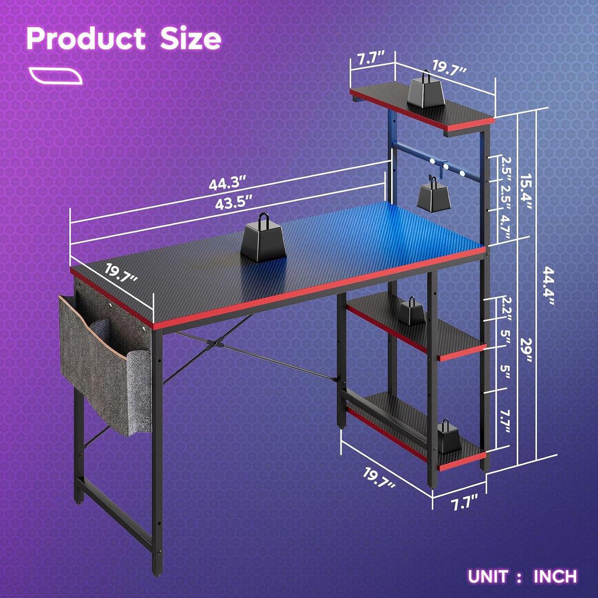 44" Black Gaming Desk with LED & Storage