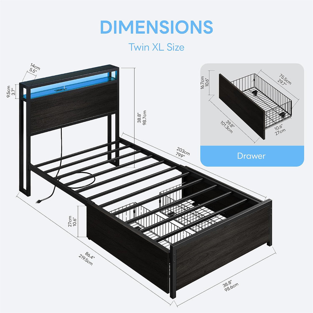 Twin XL Bed Frame with Drawers & LED
