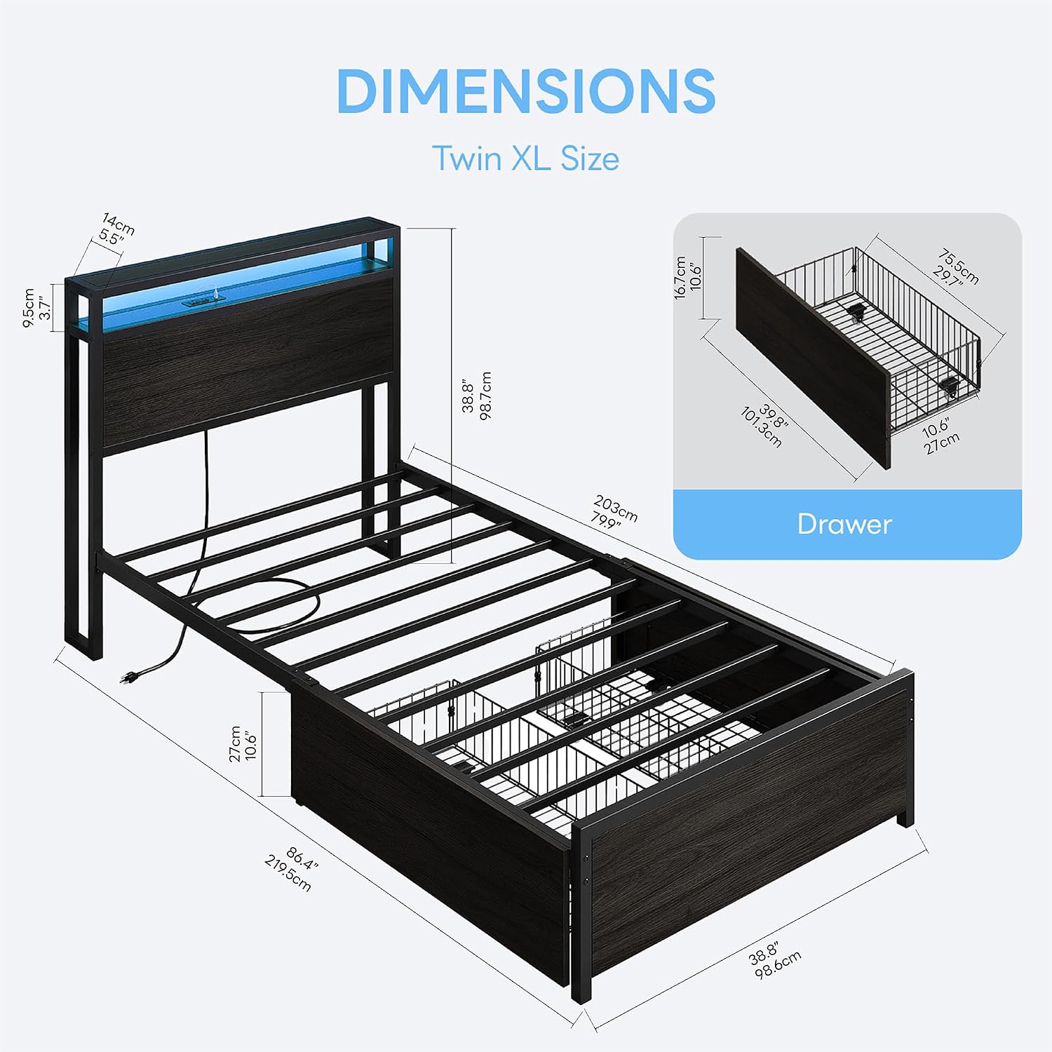 Twin XL Bed Frame with Drawers & LED