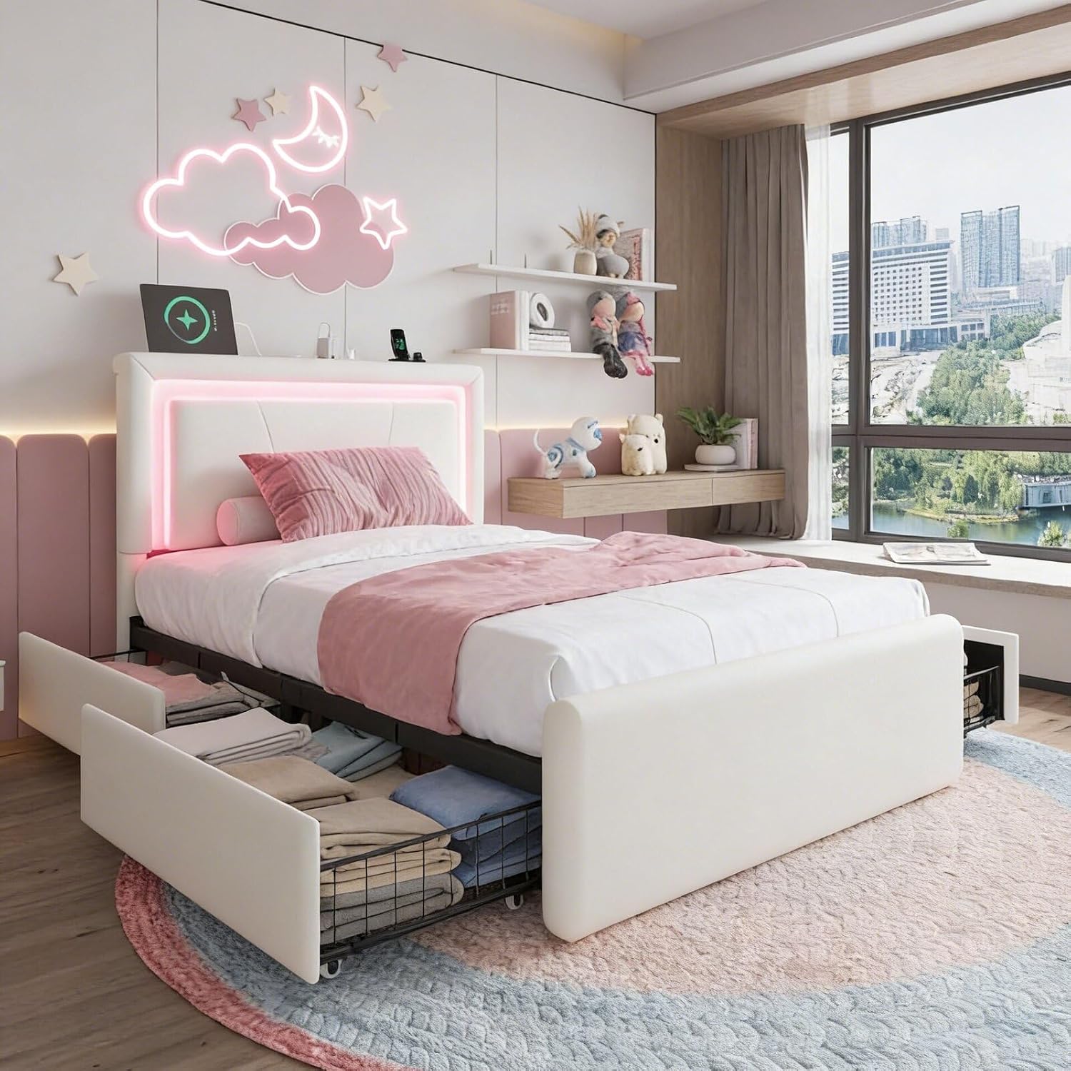 White Twin Bed Frame with 4 Drawers