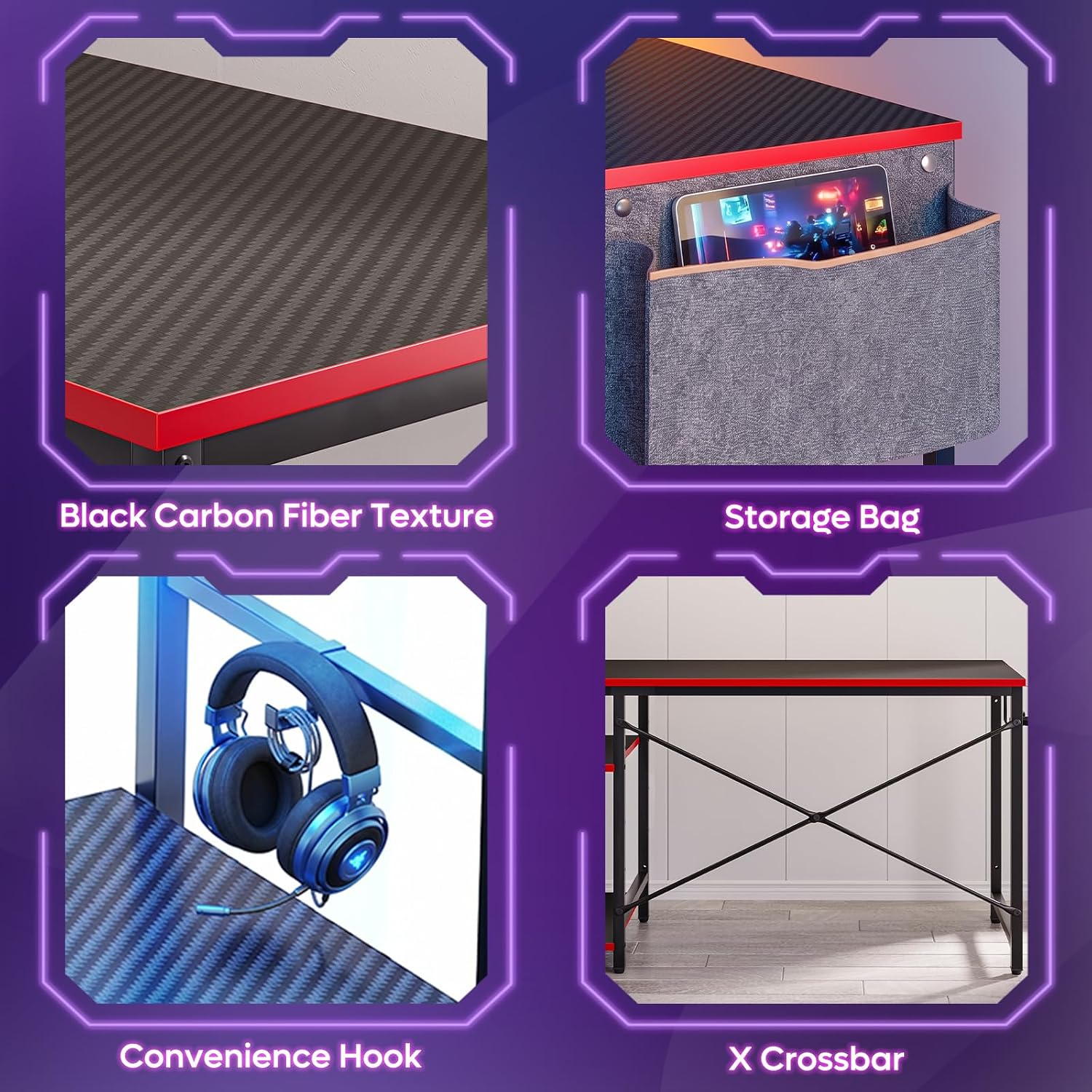 44" Black Gaming Desk with LED & Storage