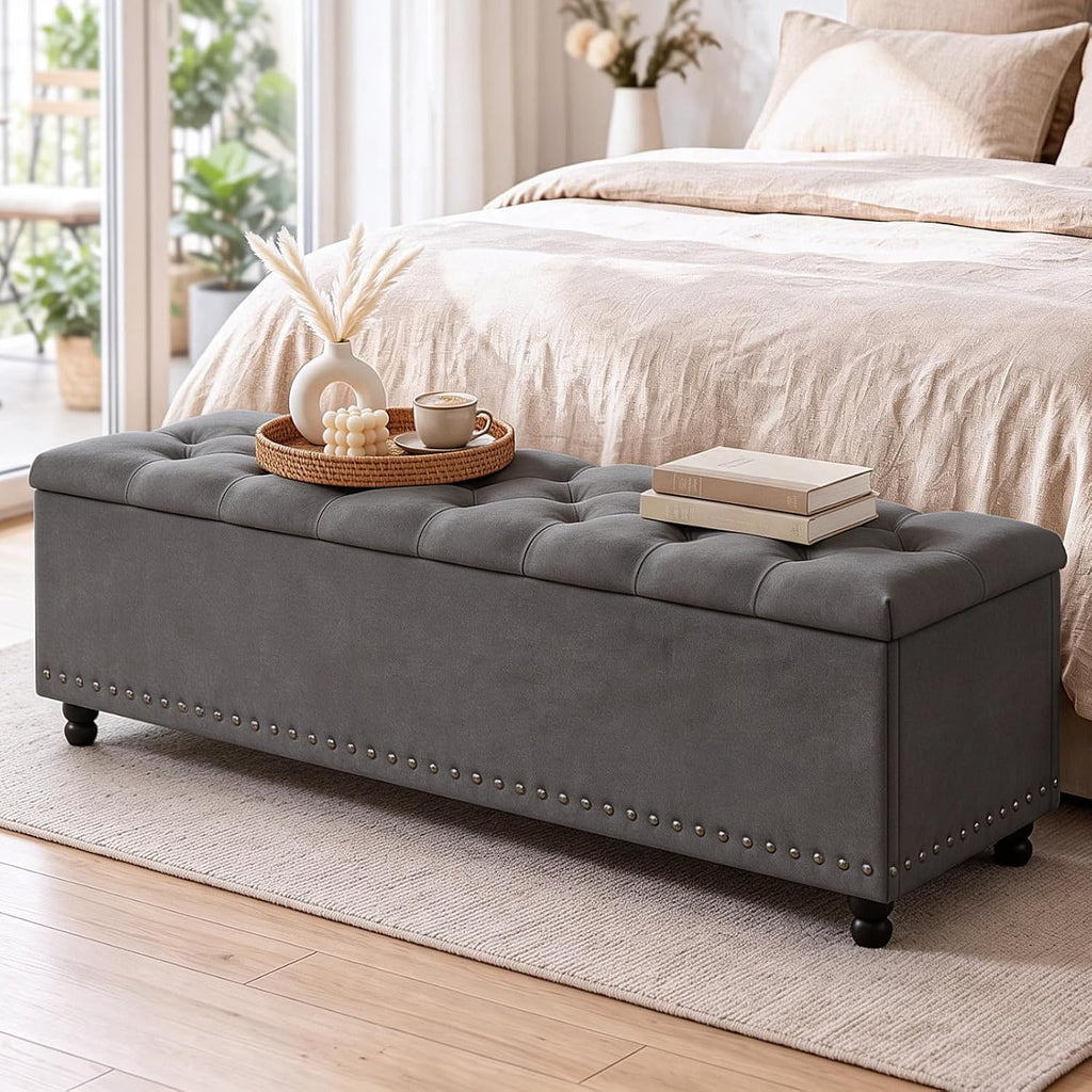51" Grey Storage Ottoman Bench Wooden Legs