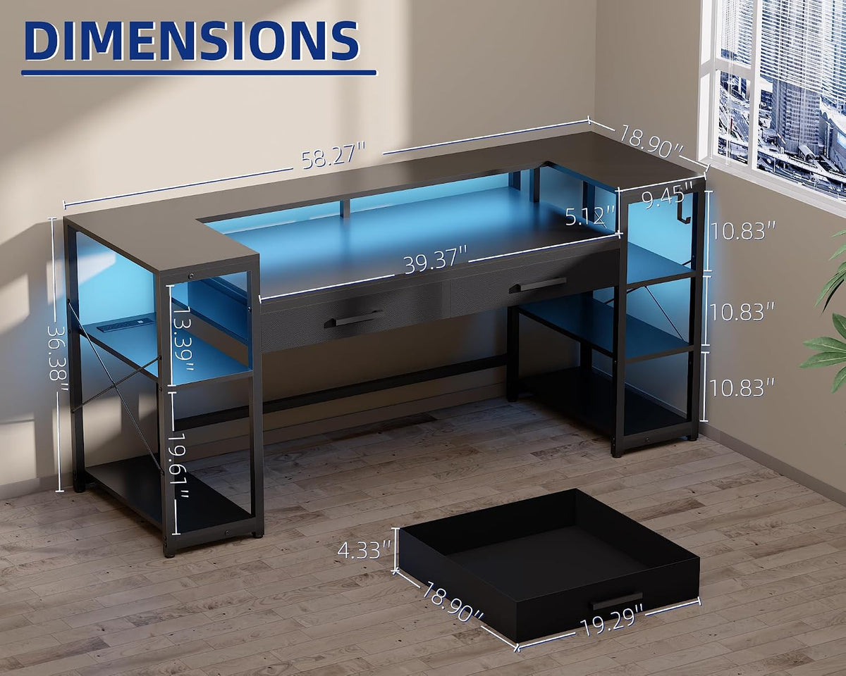 58" Gaming Desk with Monitor Stand