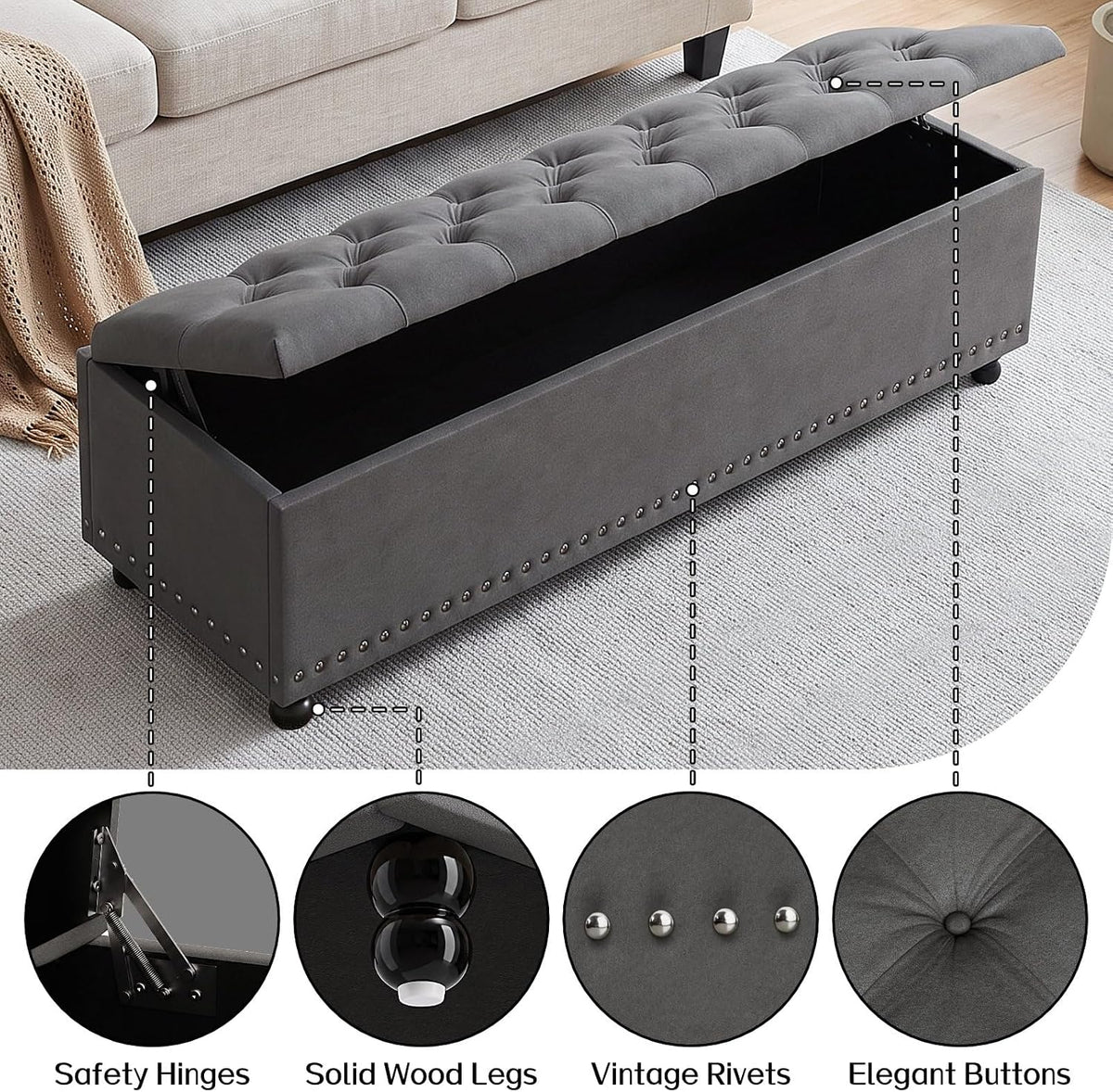 51" Grey Storage Ottoman Bench Wooden Legs