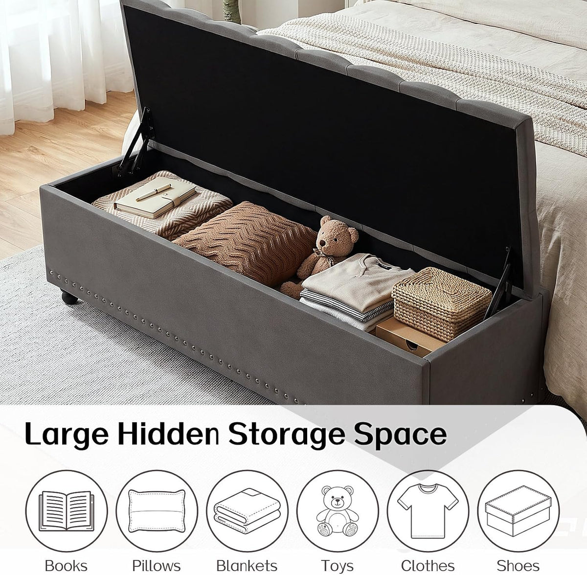 51" Grey Storage Ottoman Bench Wooden Legs