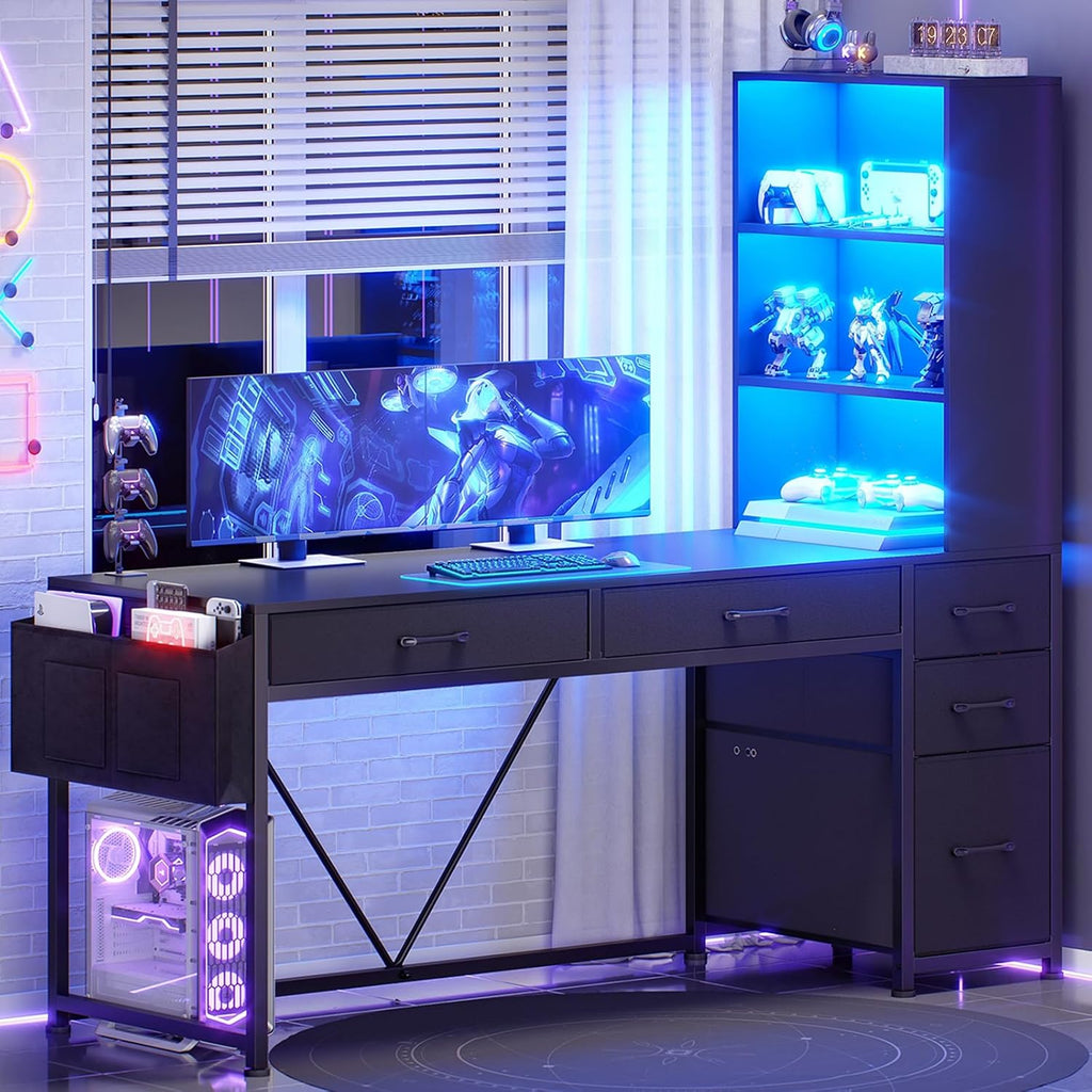 Black Reversible Gaming Desk with 5 Drawers
