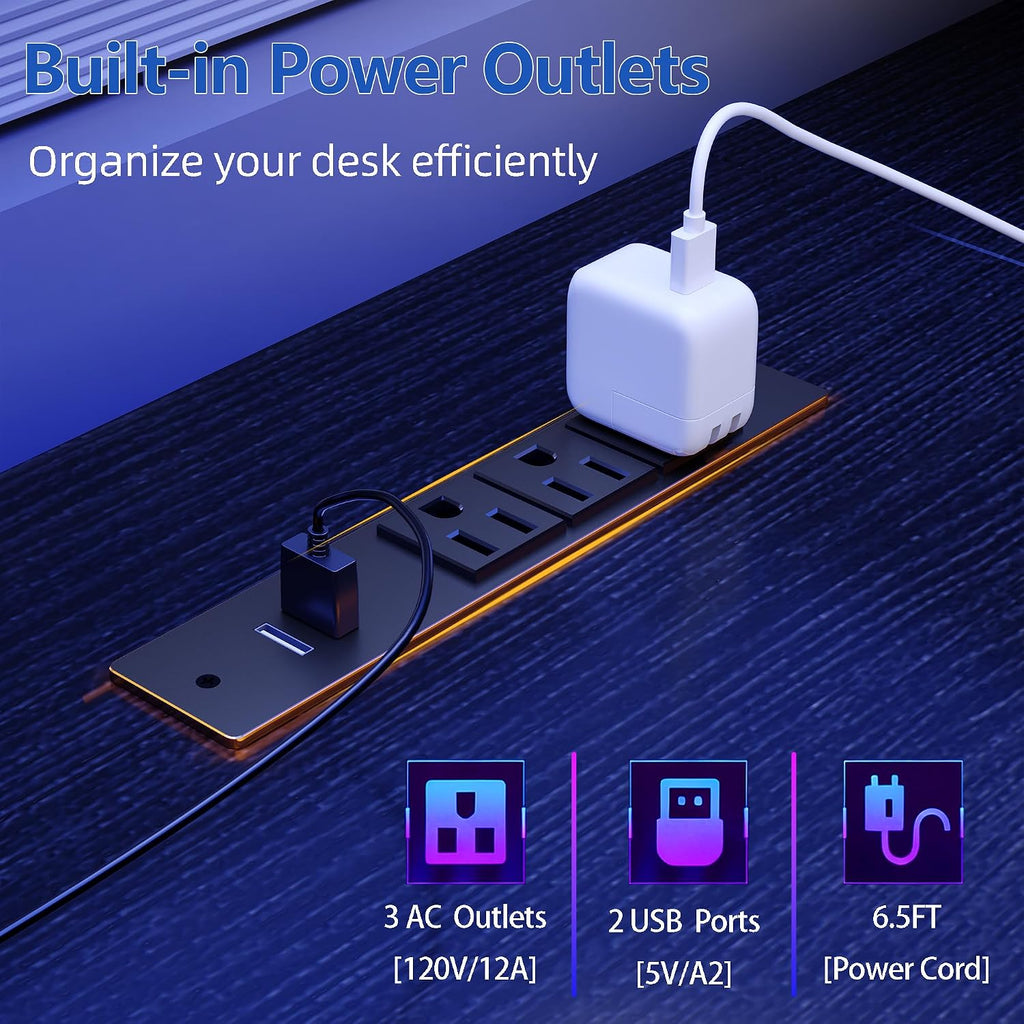 51" Black Gaming Desk with Outlets & LED